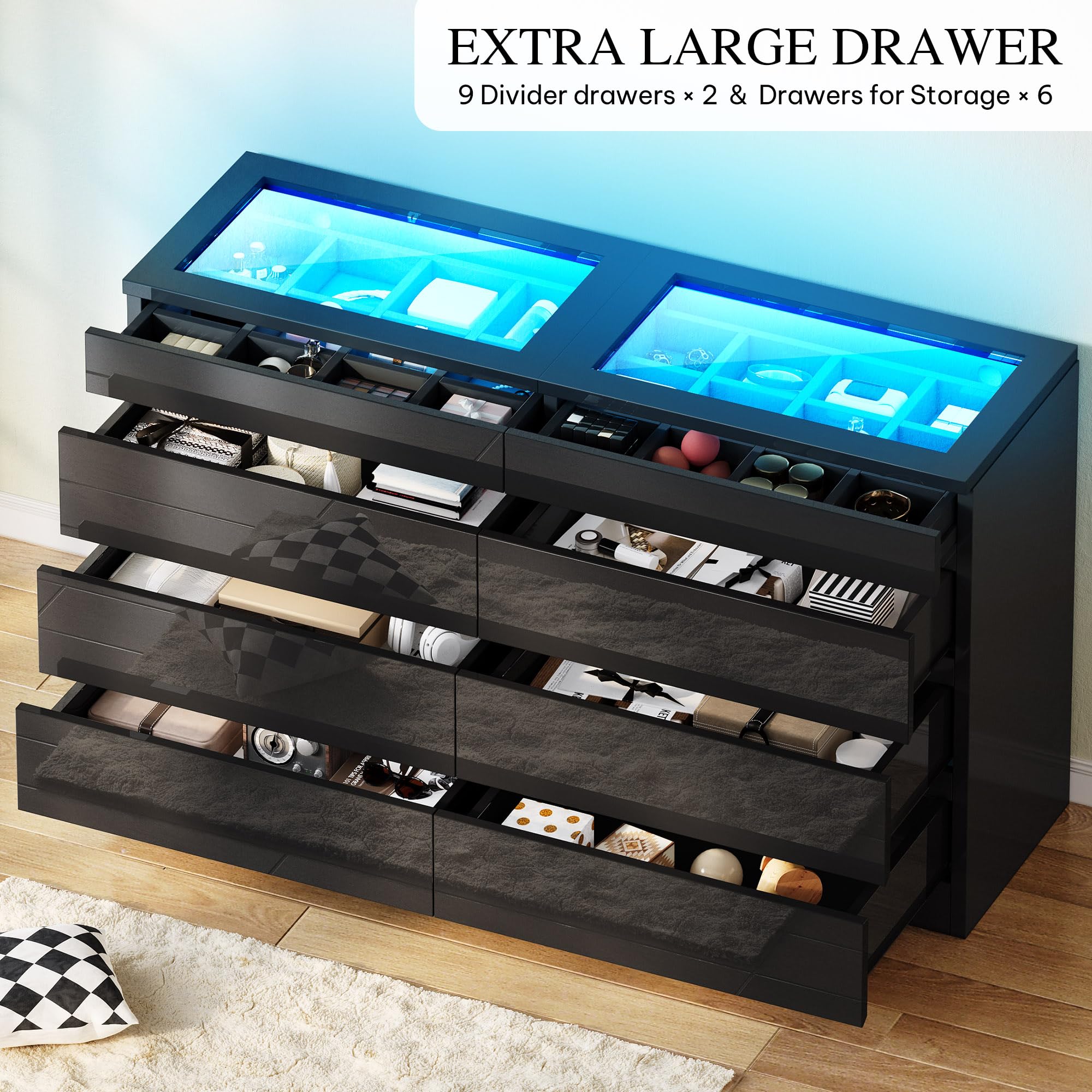 Amazon.com: DWVO 8 Drawer Dresser with LED, Black Dresser, Modern  display picture 1