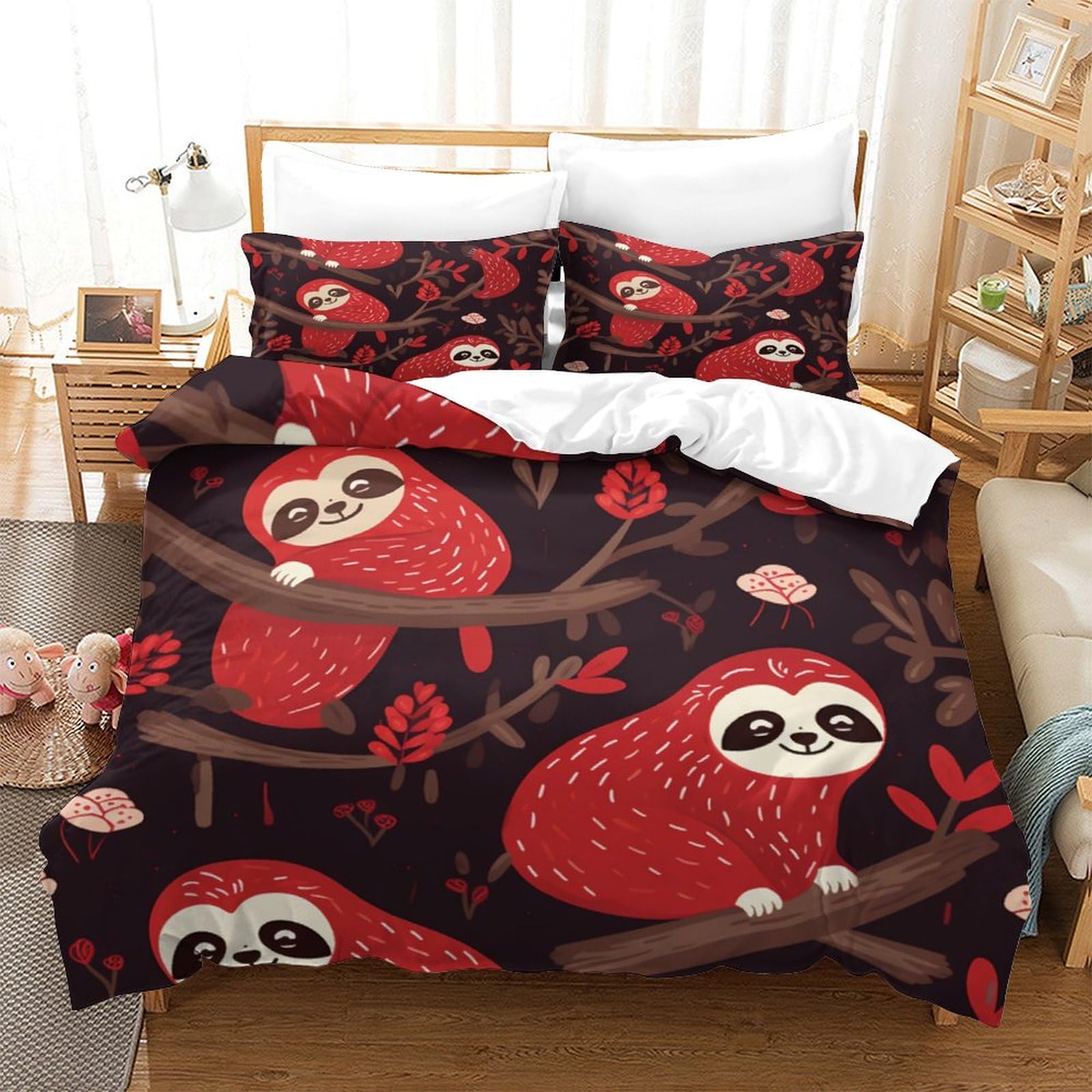 P1S9U7W5Y Playful Sloth 3D Printed Duvet Cover Set 3pcs Microfiber Sloth Bedding Set Double