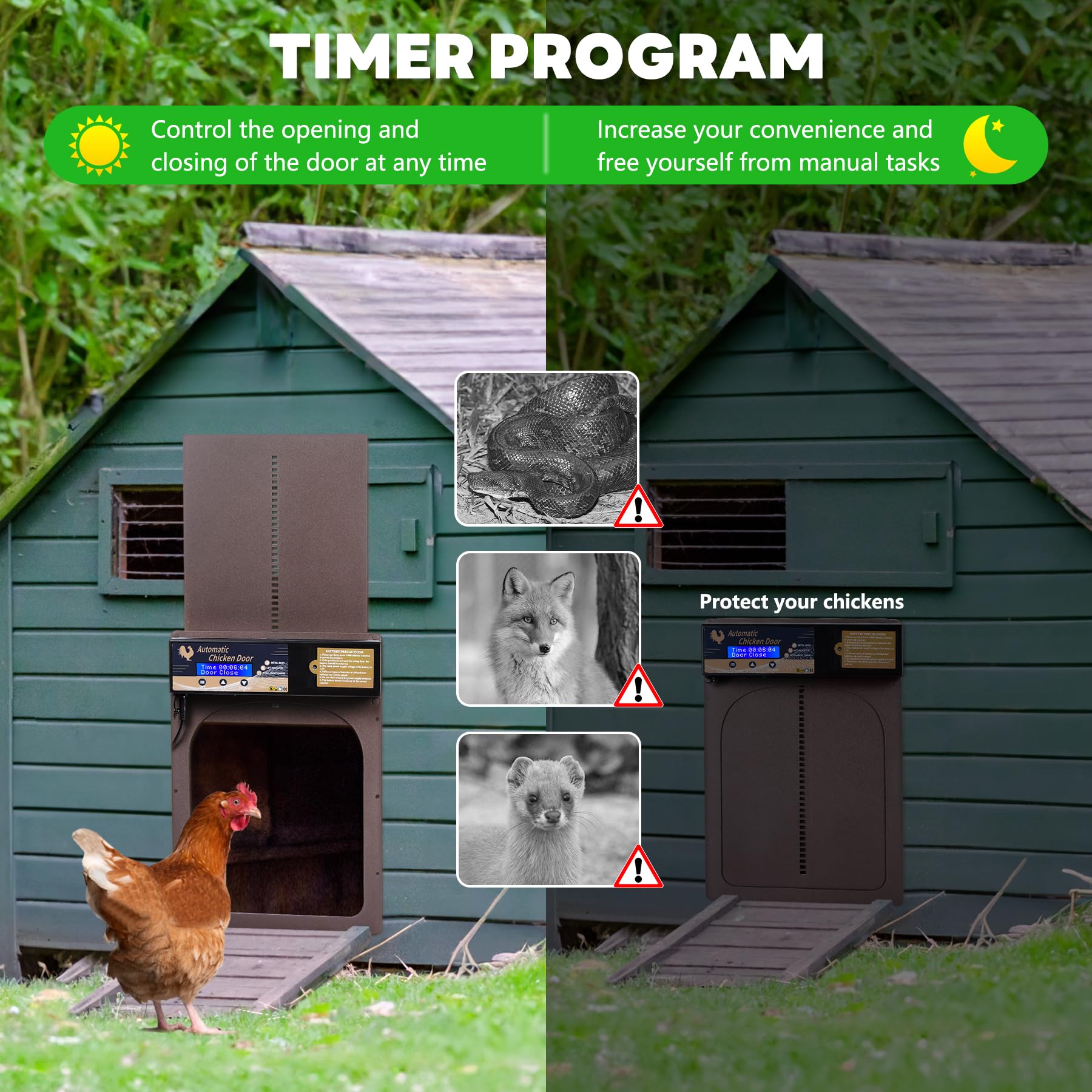 CoqSafe Automatische deur Kippenhok: Veiligheid, Nauwkeurige timer, Weerstand, Betrouwbaarheid, Eenvoud