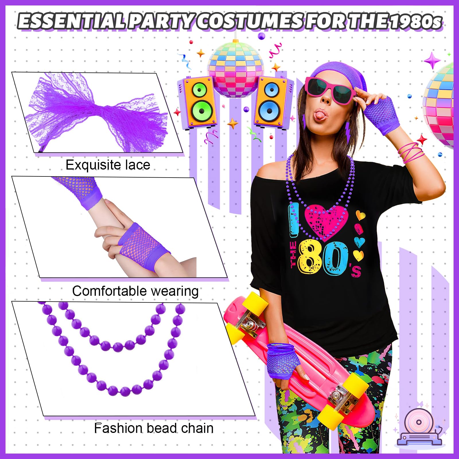 6PCS 80s Costume Accessories Set for Women, 1980s Fancy Dress with T-shirt Headband Lightning Earrings Necklace Bracelet Mesh Sleeve 80s Outfit for Retro Theme Party Cosplay Dress Up (Purple, S) - Image 4
