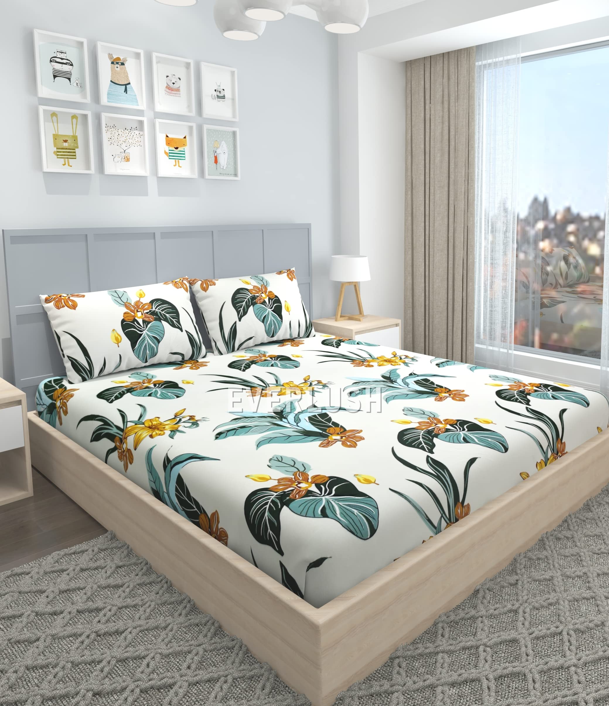 180 TC Glace Cotton Double King Size Elastic Fitted Bedsheet with 2 Pillow Covers, Size - 78 x 72 (Cream Patta)