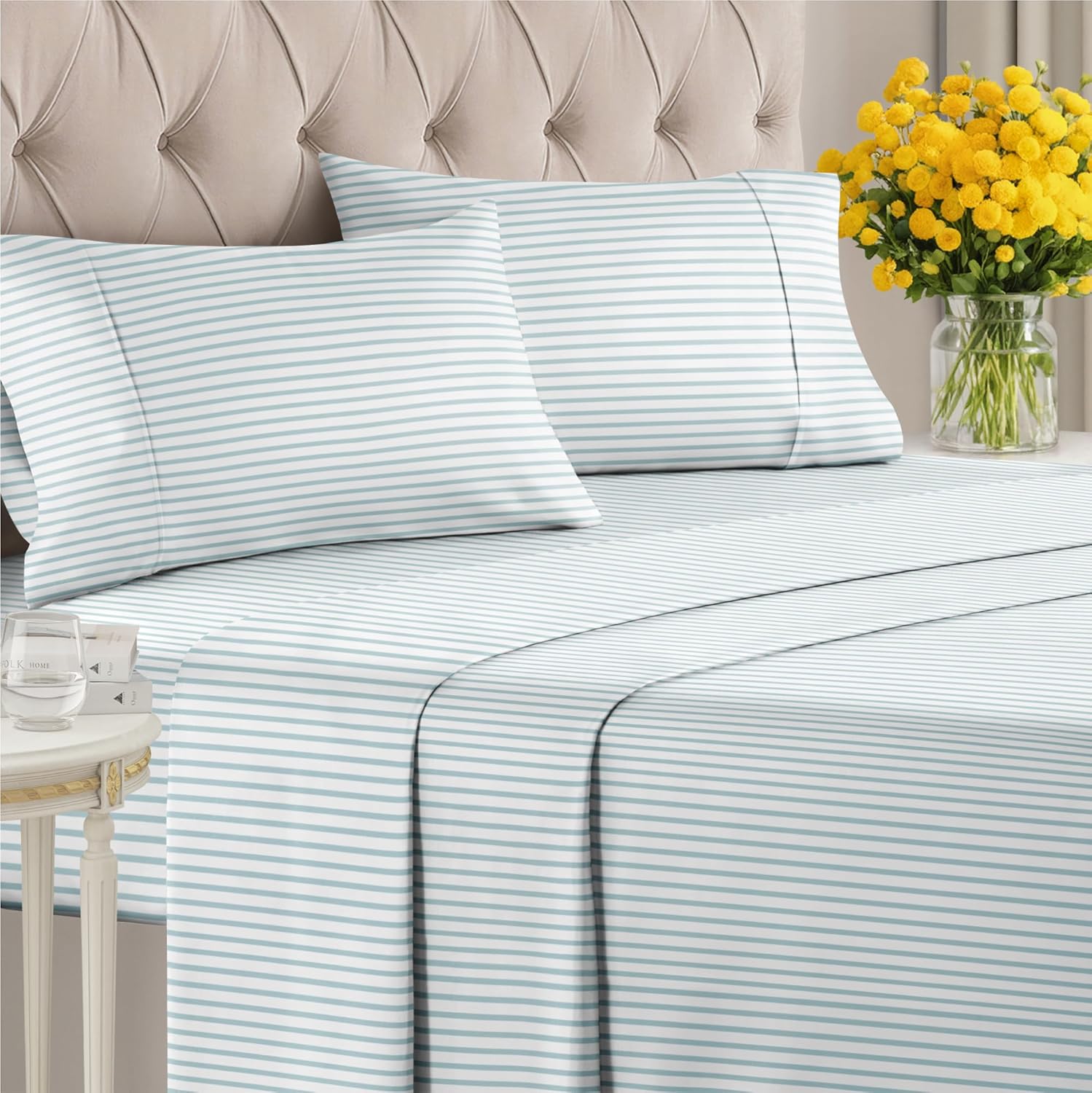 Striped Sheets - Blue & White Striped Sheets - 1 Flat & 1 Fitted & 2 Pillowcases w/ Deep Pockets – Wrinkle & Fade Free - Soft, Breathable and Cooling - Luxury Pinstripe Bedding - Queen Size Bed Set - Image 2