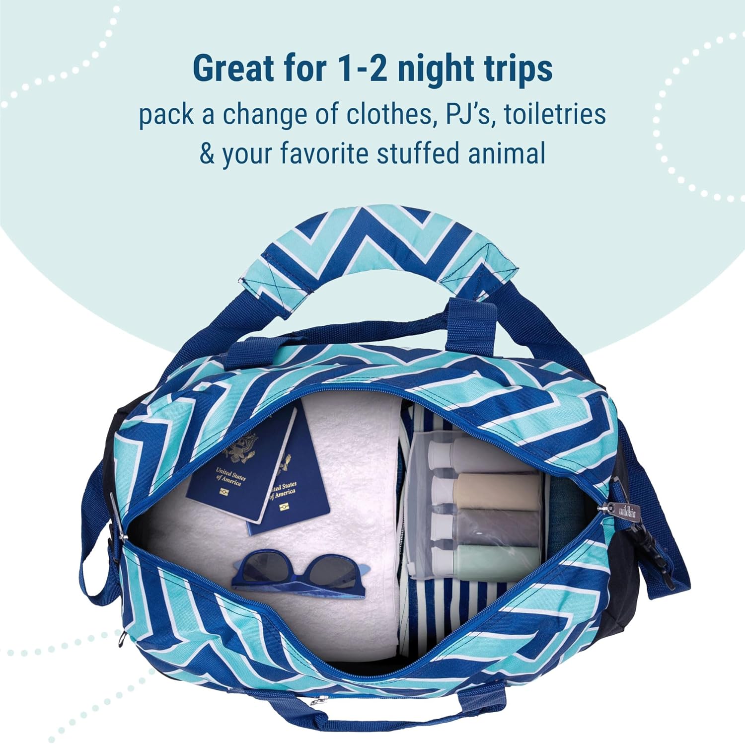 Wildkin Kids Overnighter Duffel Bag – Carry-On Travel Bag for School & Sleepovers, Lightweight, Durable, Boys & Girls Ages 4–15 – Chevron Blue