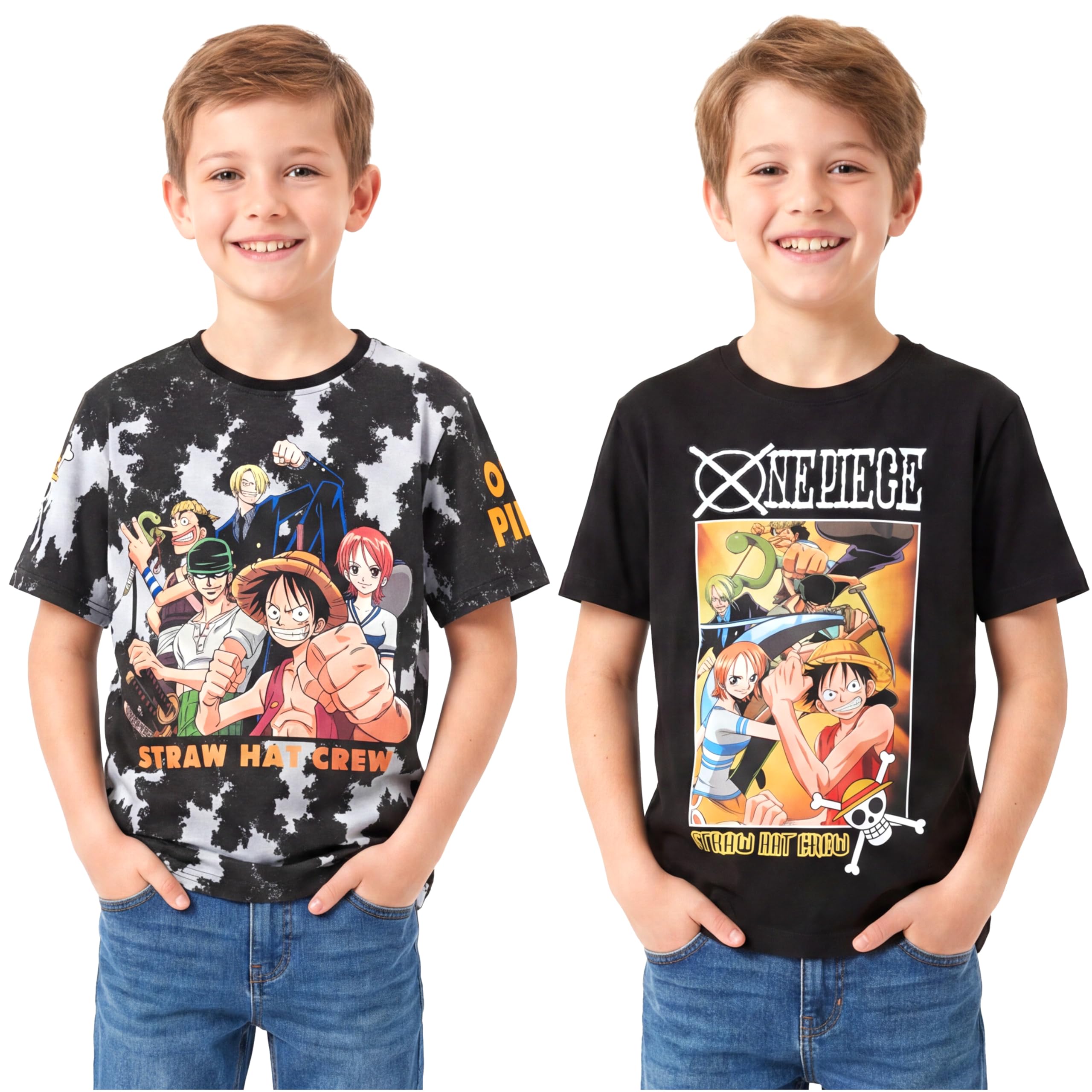 One Piece | Dragon Ball Z T-Shirt Garcon, Lot de 2 Ras du Cou et Manches Courtes Coton T Shirt Ete, Douce et Respirant, Anime Merch Idee Cadeau