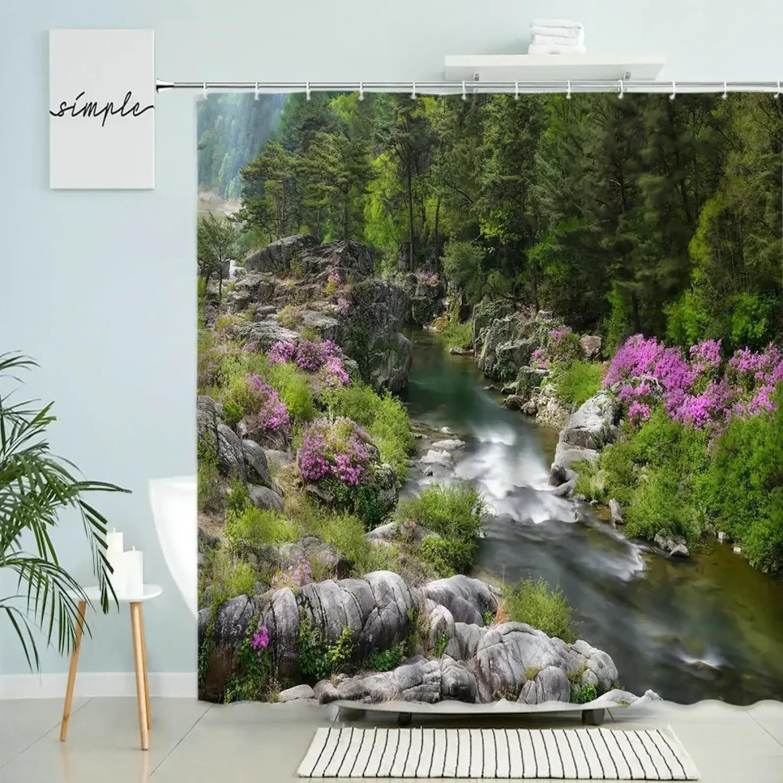 Rideau de douche forêt en cascade 150x190 cm pour déco nature de salle de bain