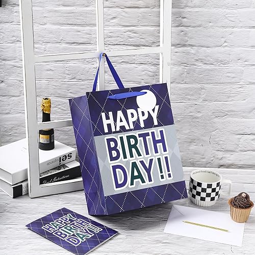 Miniatura 3 de Loveinside Bolsa de regalo a cuadros azul marino con texto en inglés Happy Birthday impresa, tamaño mediano con papel de seda, etiqueta, tarjeta de