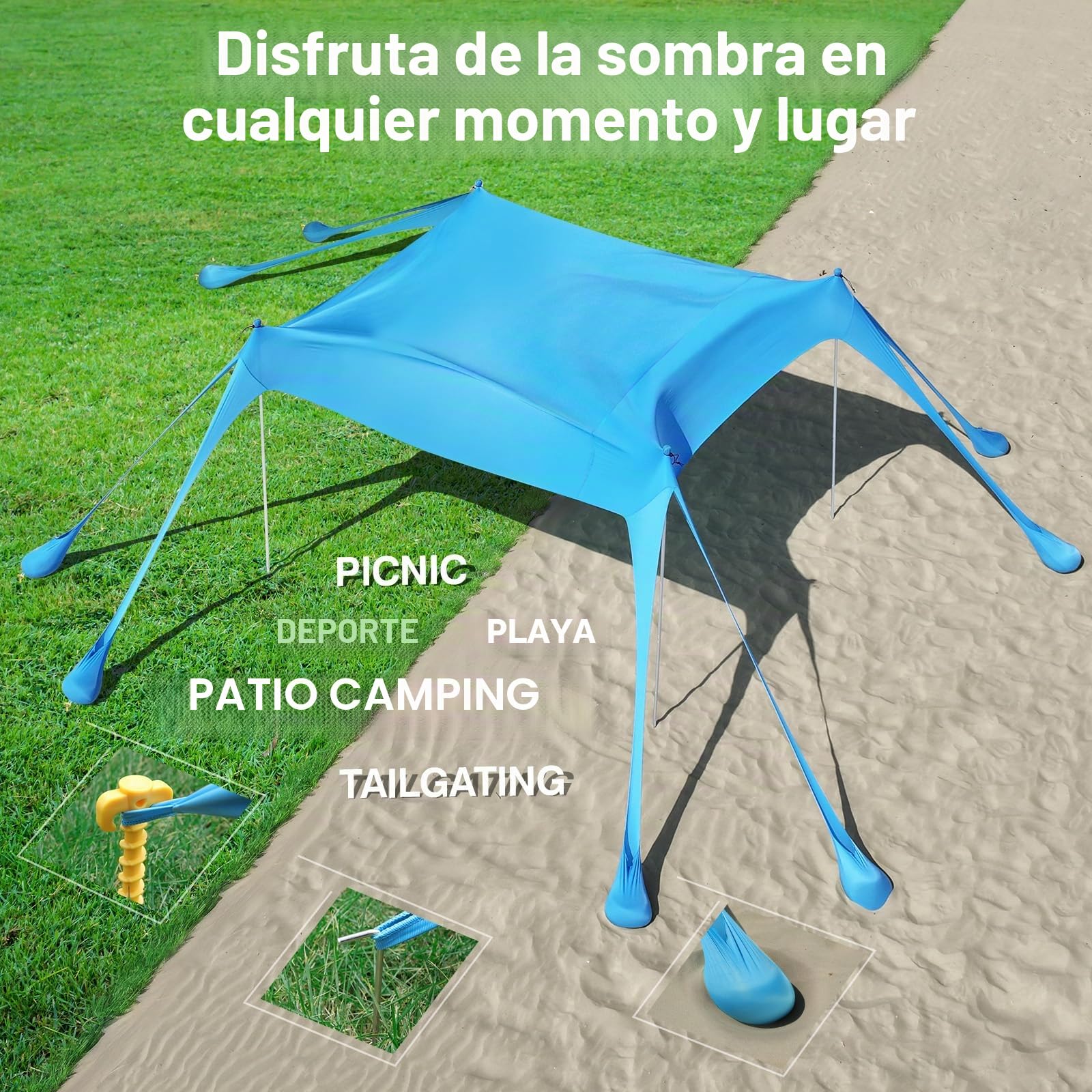 Rhino Valley Tienda de Playa Plegable, Toldo de Playa Portátil Protección UV UPF50+ Resistente Viento con Sacos de Arena Clavijas Tierra Carpa Aire Libre Acampada