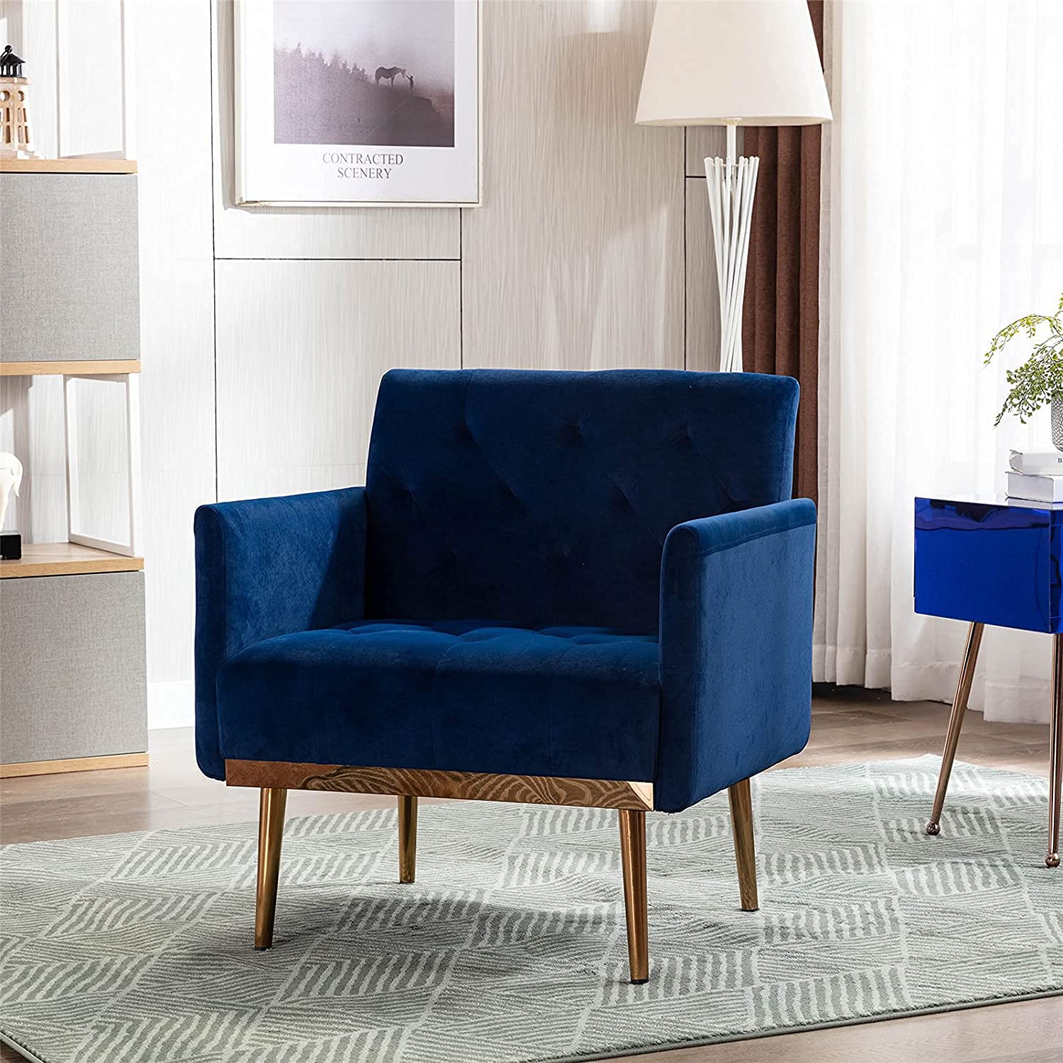 Velvet Single Sofa Chair, Lounge Armchair, Comfy Reading Chair, Mid -Century Accent Chair with Rose Golden Metal Legs, for Living Room Bedroom (Blue)