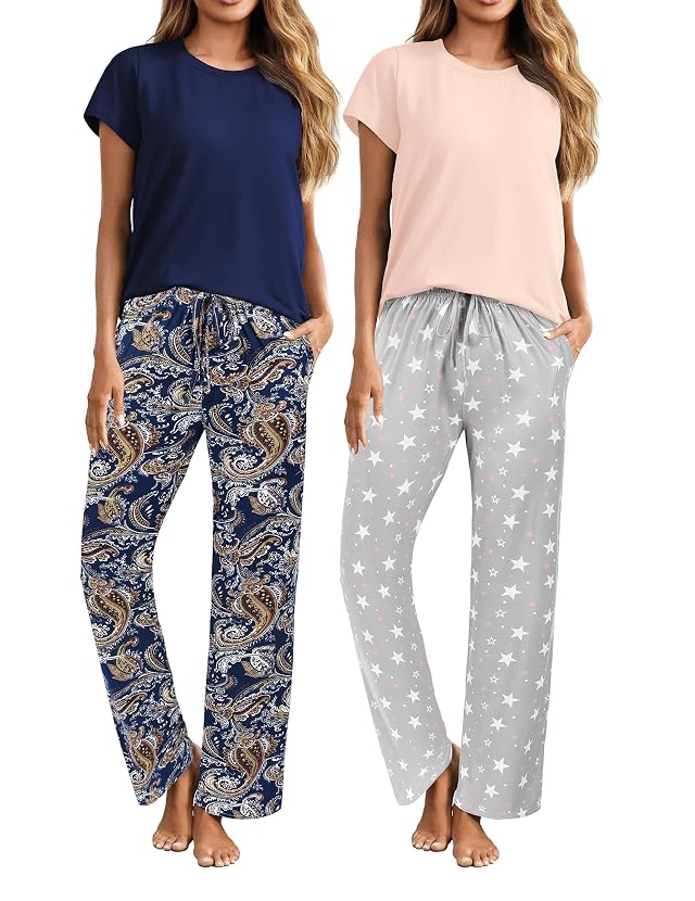 ELESOL 2 Piece Outfits For Women Lounge Sets Pajama Sets Short Sleeve Top and Pants with Pockets