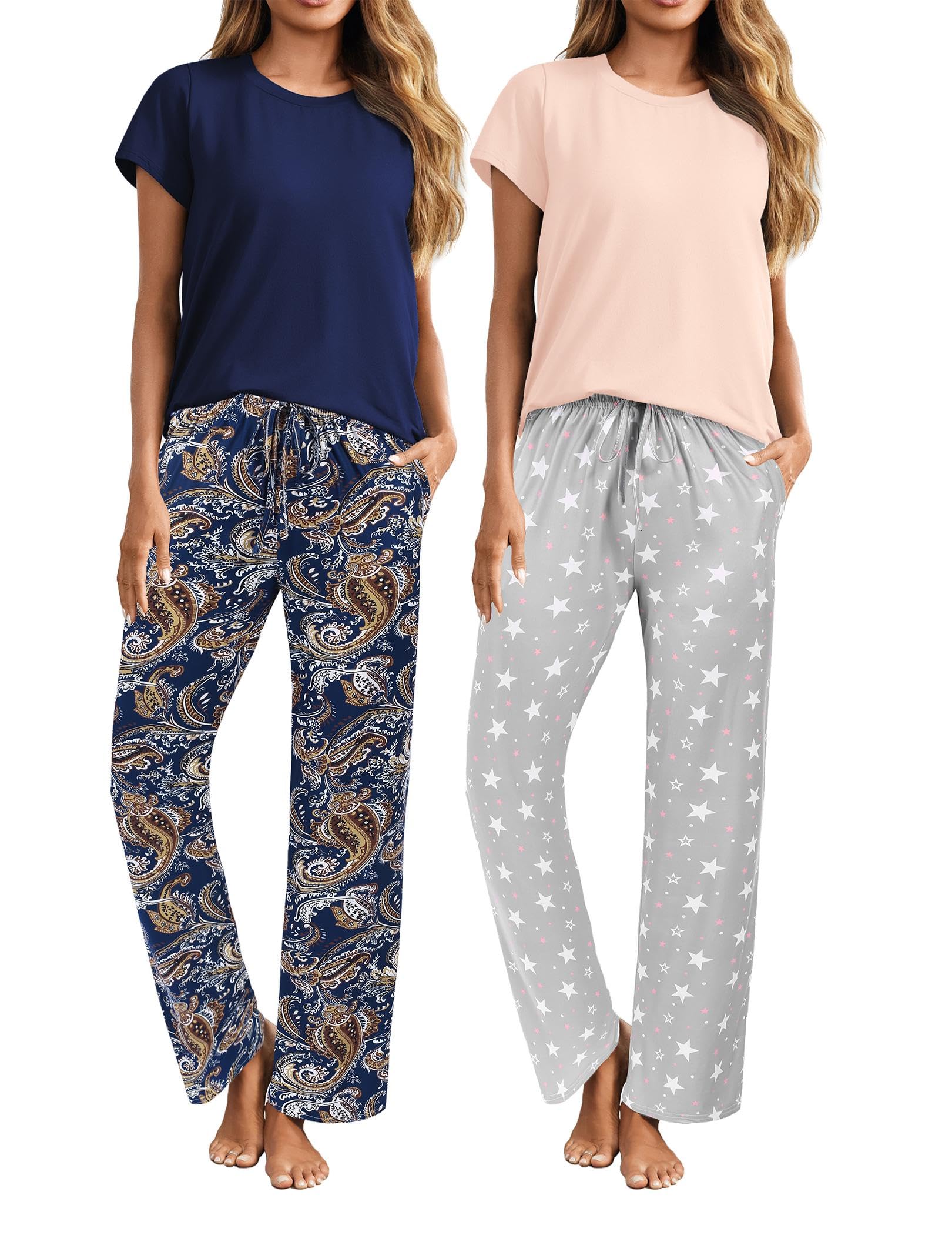 ELESOL 2 Piece Outfits For Women Lounge Sets Pajama Sets Short Sleeve Top and Pants with Pockets