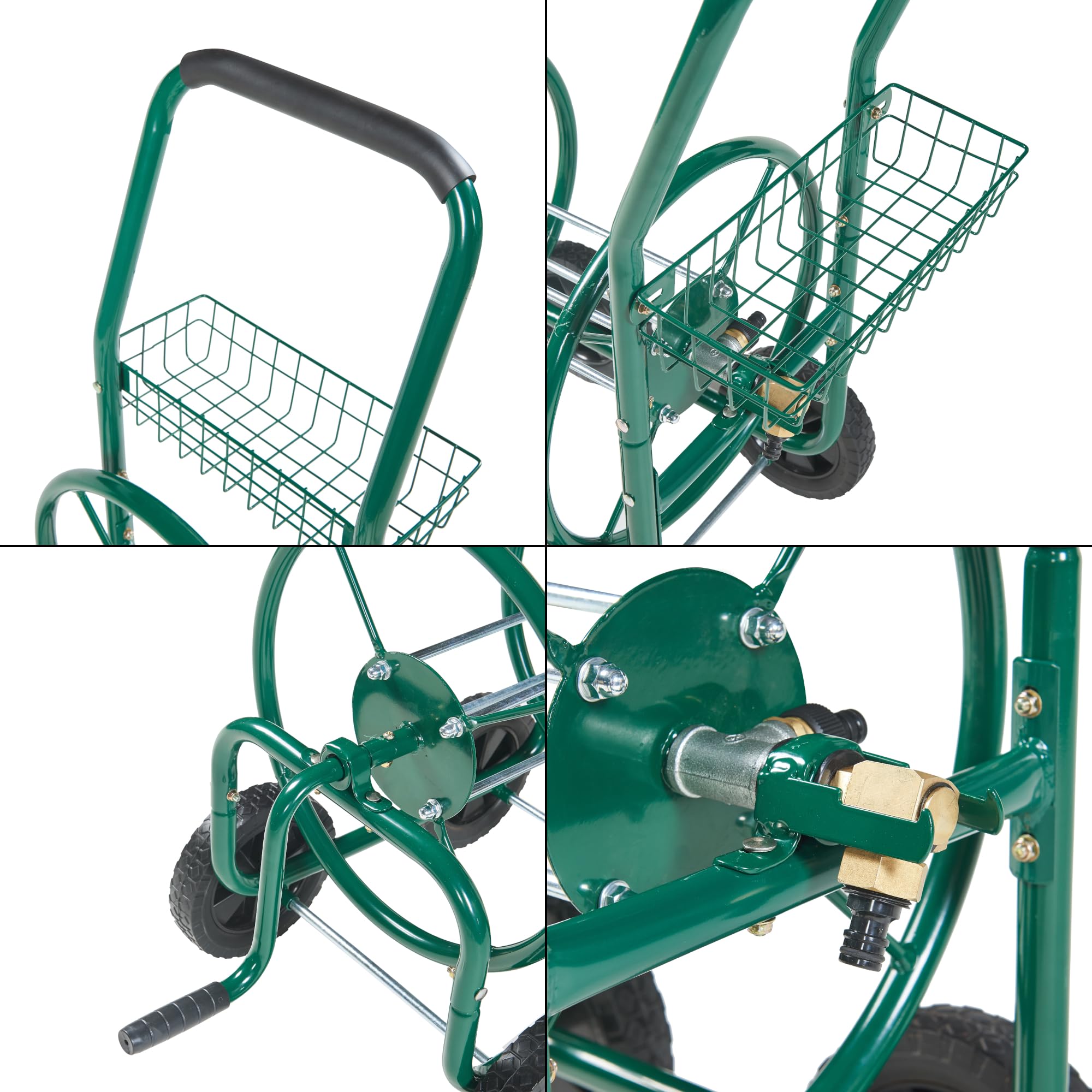 pro.tec Schlauchwagen Pescaza für 3/4 Zoll Schlauch bis zu 70 m Metall Gartenschlauchwagen ohne Schlauch Schlauchtrommel mit Reifen rollbar Schlauchaufroller mit Handkurbel 86 x 44 x 95 cm Grün