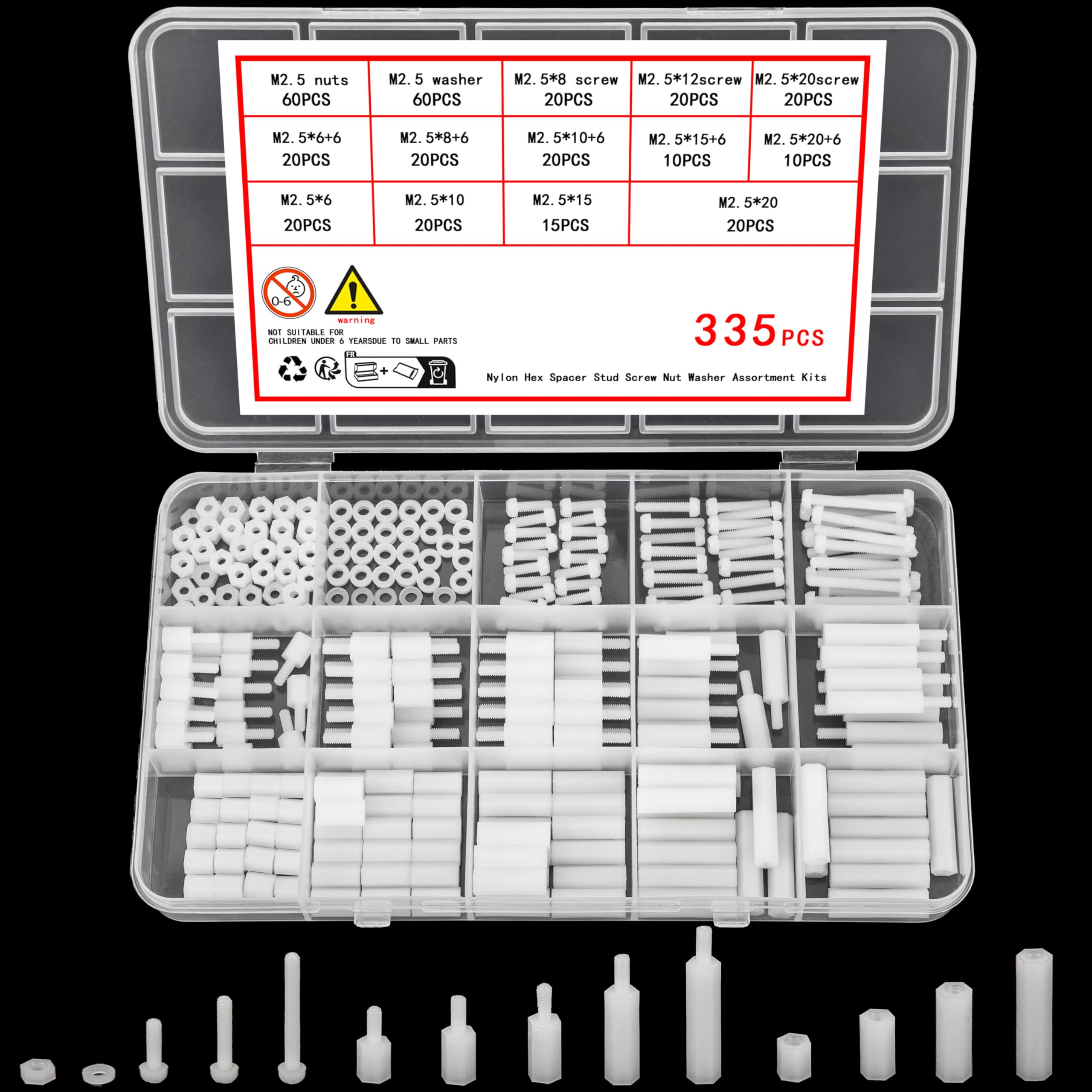 335 Stück M2,5 Nylon Schrauben Muttern Set, Weiß Nylon Abstandshalter Schraubenmuttern, Männlichen Weiblichen PCB Platinen Abstandshalter Kunststoff Kreuzschlitzschrauben Sortiment Kit Weiß