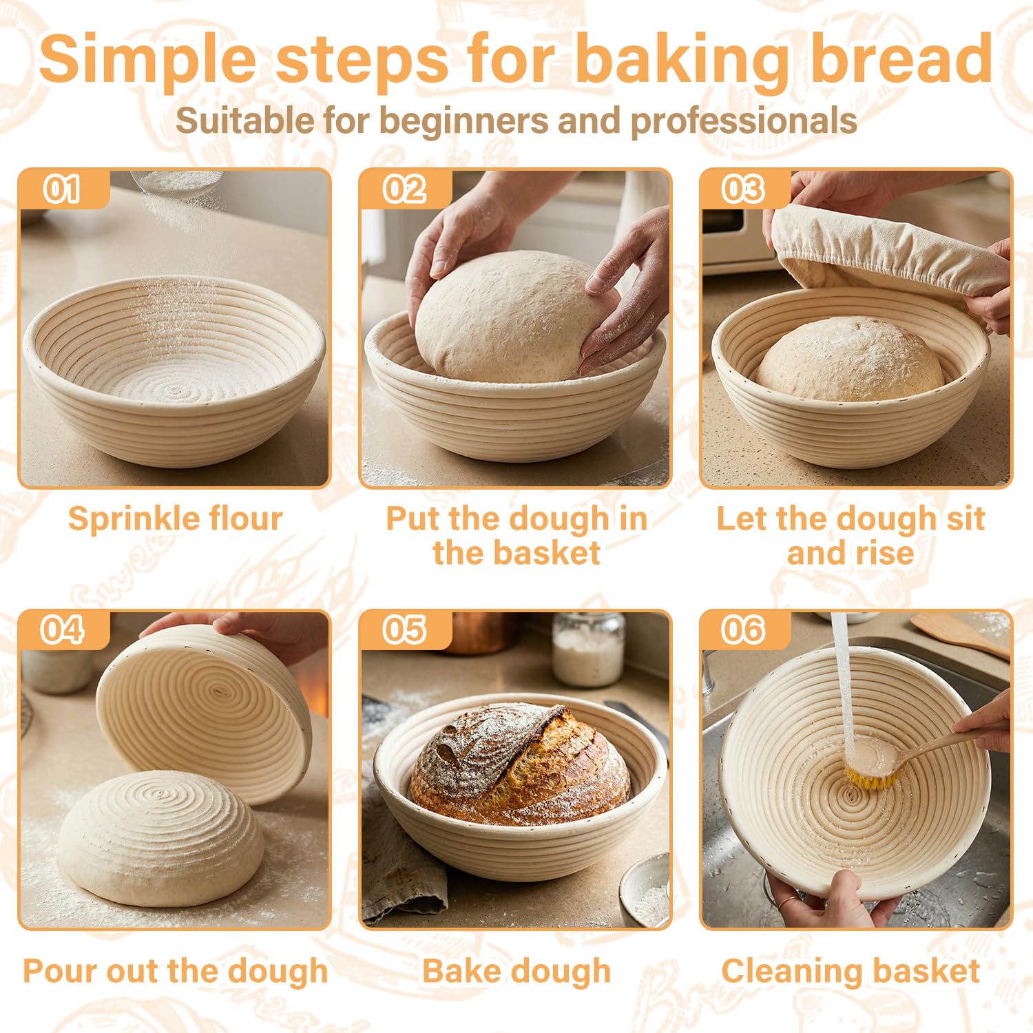 Banneton Pour Pain, Kit Boulangerie Levain, Corbeille a Pain en Rotin Naturel 23 cm Rond et 25 cm Ovale, Panier Fermentation Pain set pour les Débutants et Professionnels