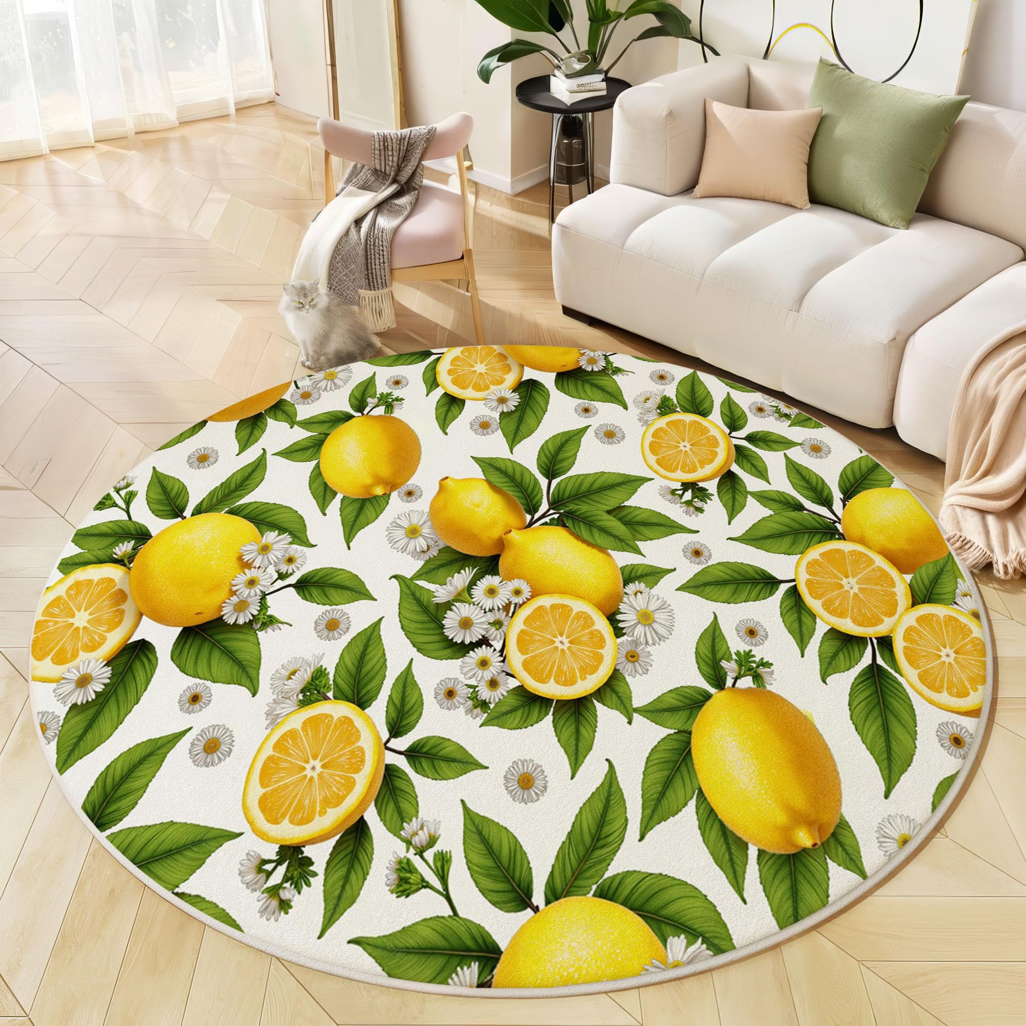 Tapis de salon lavable et doux rond 120 cm à motif plantes vertes