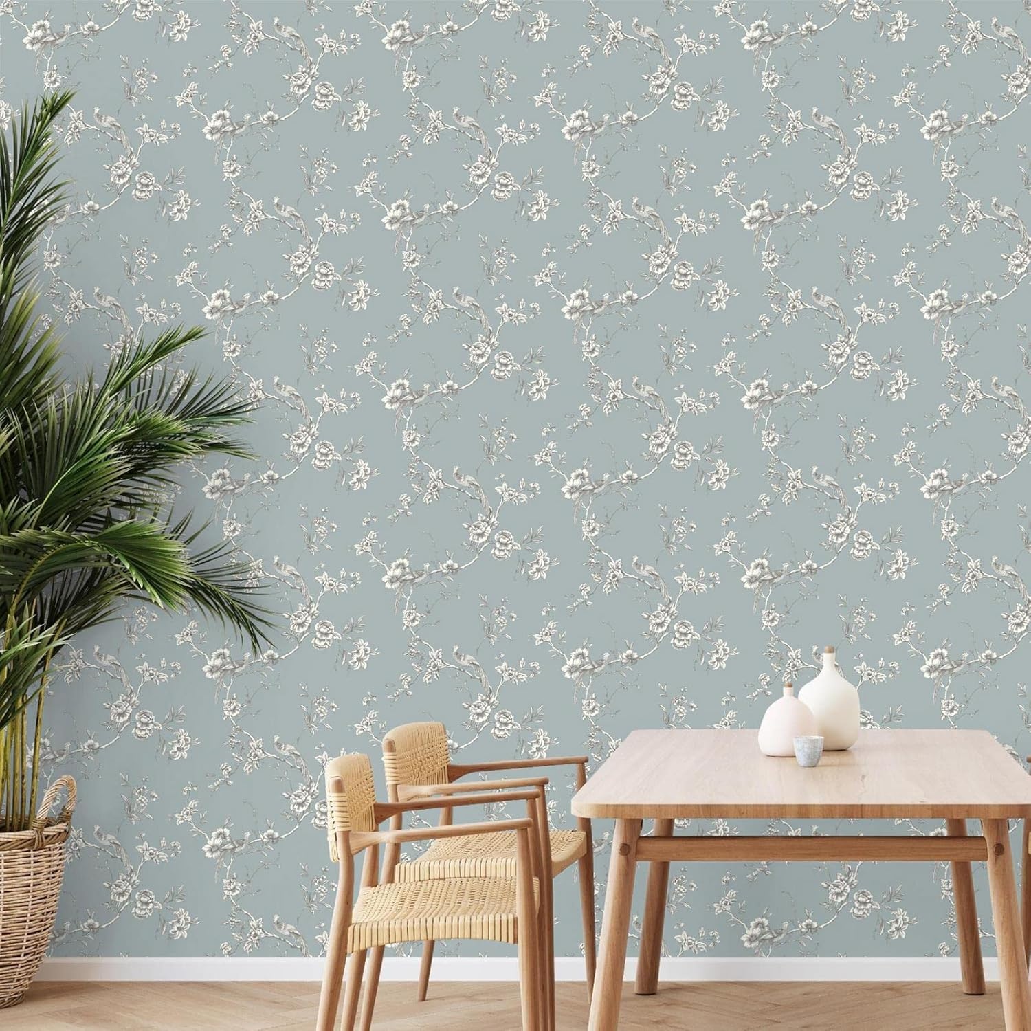 Arthouse Chinoise Oriental Chinese Asian Inspired Wallpaper Tropical Birds Flowers Slate Blue World of Wallpaper 900102