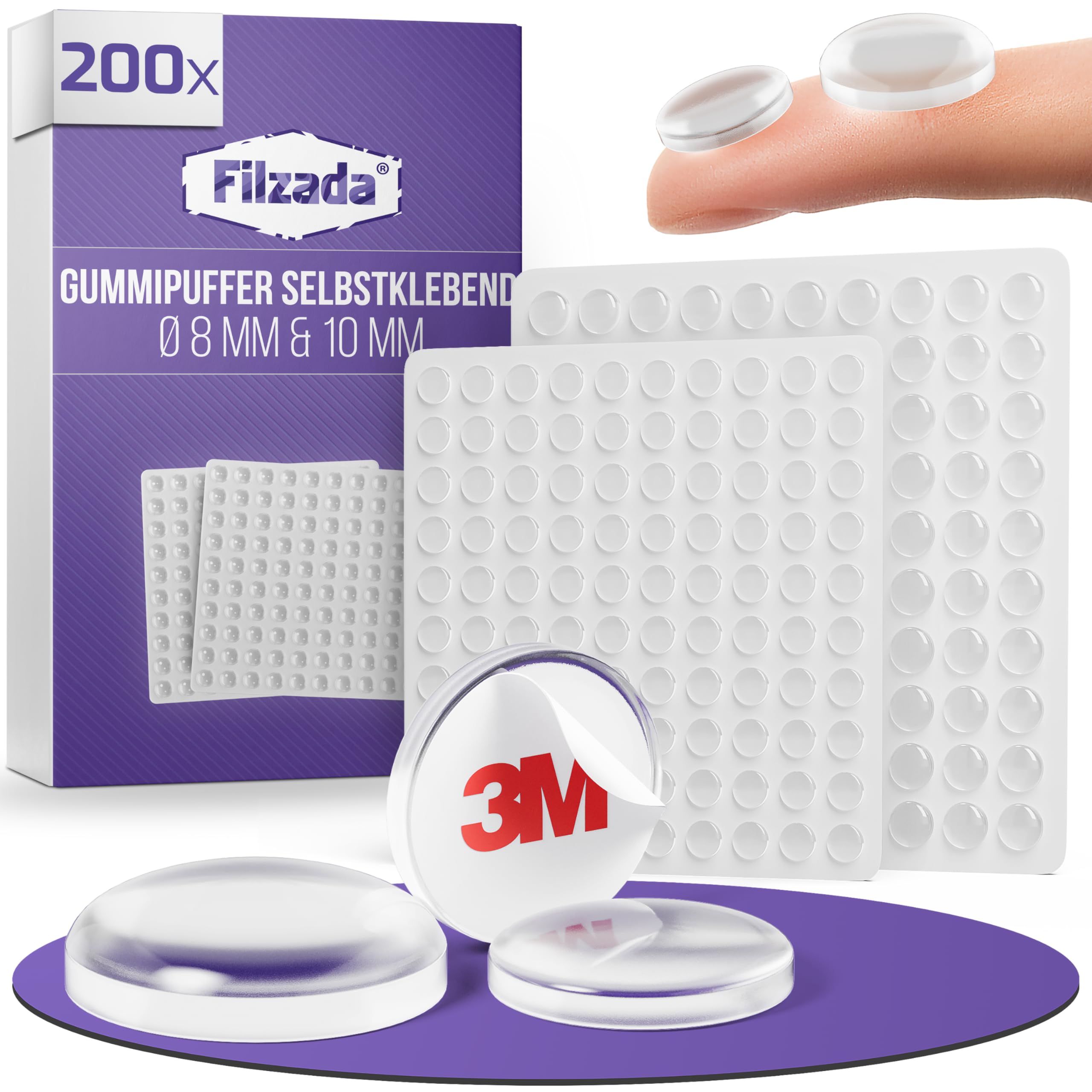 Filzada® 200x Elastikpuffer Set D8/D10mm - Elastikpuffer Set Transparent - Anschlagpuffer für Türen, Schränke, Glas - Türpuffer Gummi - Gummistopper - Gummi Puffer - Gumminoppen Selbstklebend