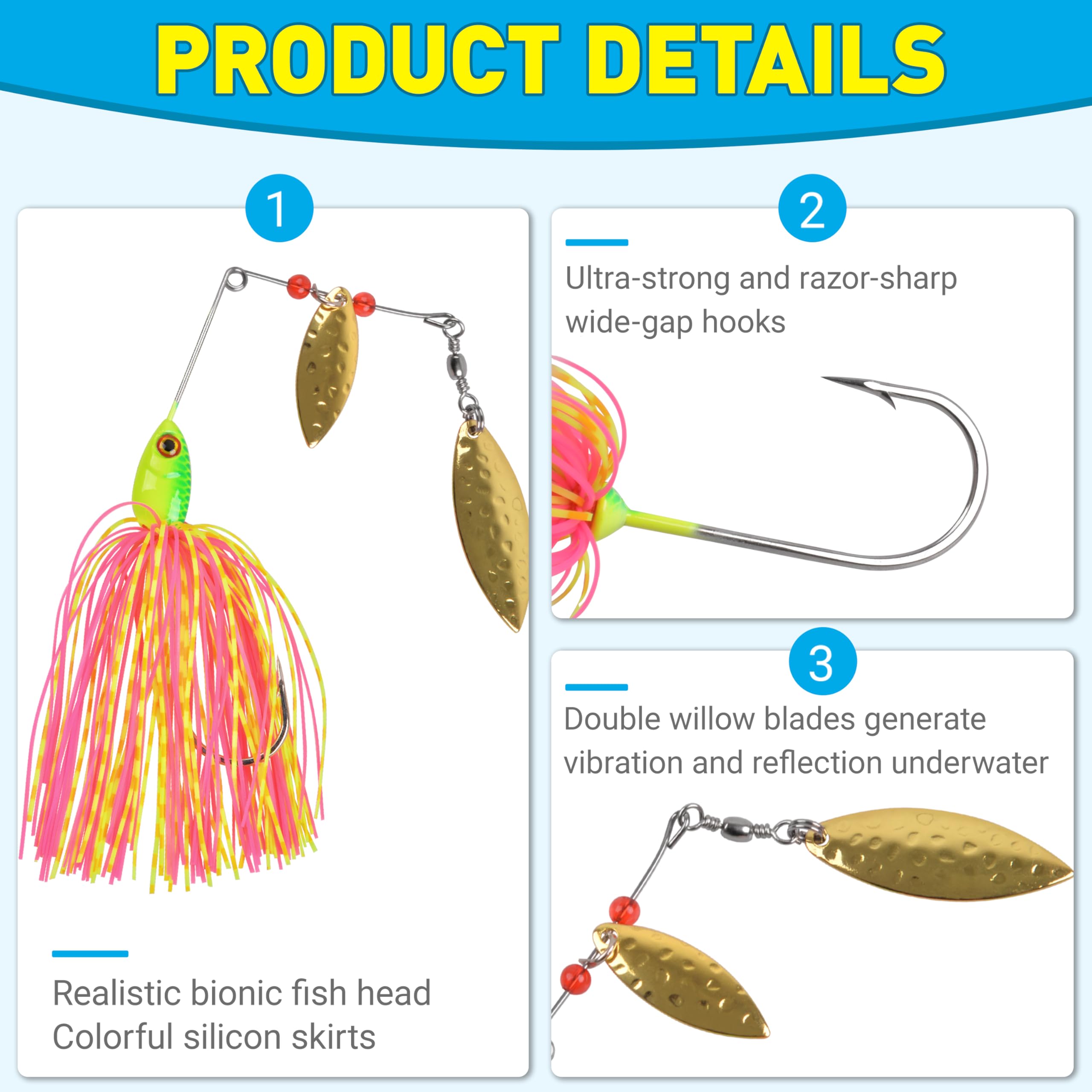 Spinnerbait Kit de leurres de pêche Spinner Bait Bass Leurre de pêche en métal dur Buzz Bait Jig Swimbiat pour truite, saumon, brochet, bar, eau salée et eau douce