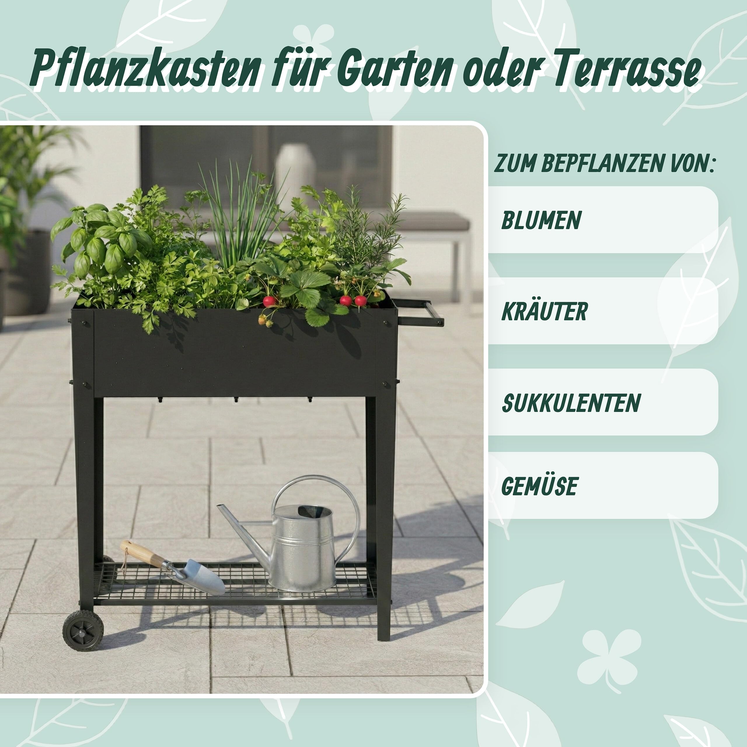Relaxdays Hochbeet, Gitterablage, 2 Räder, Garten, Balkon & Terrasse, HxBxT: 80 x 85 x 50 cm, mobiles Tischbeet, schwarz