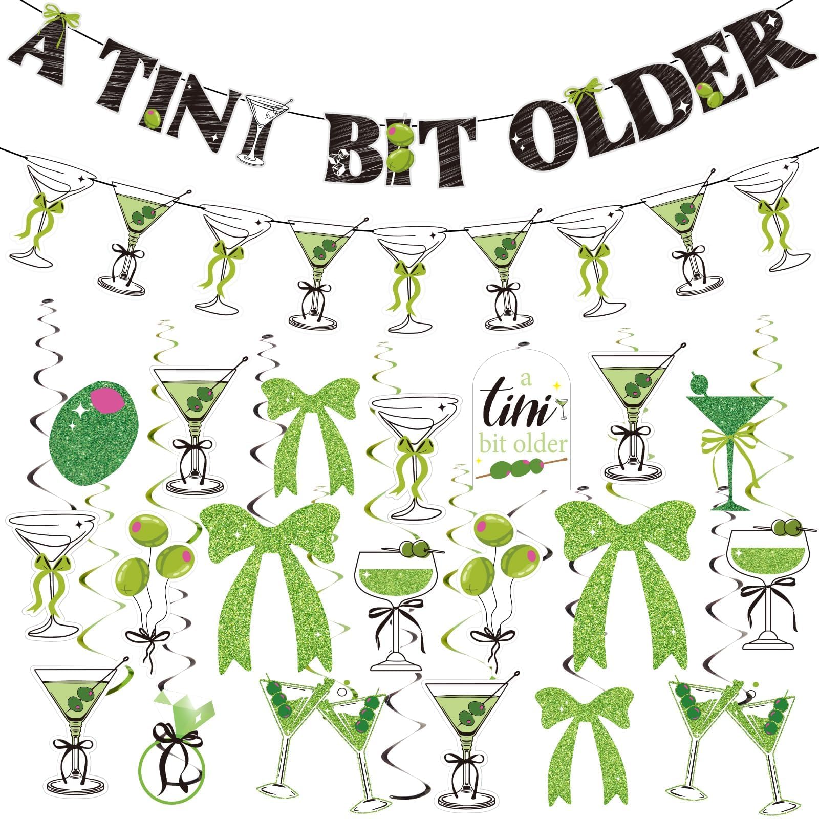 PAPER JAZZ 42PCS A Tini Bit Older Birthday Banner with Hanging Swirls Bow Decorations Olive Green Martini Party Decorations for Women, Coffee Party, Summer Birthday Party.