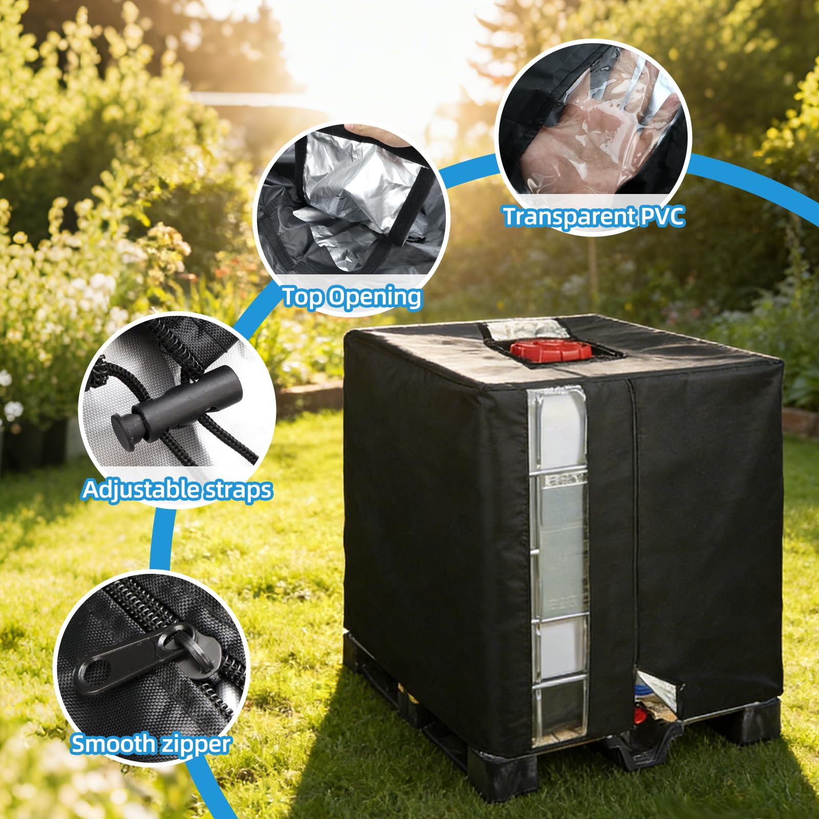 Bache pour Cuve 1000L IBC Anti UV Noir 420D, 120x100x116 cm Housse de Protection pour Cuve 1000L Conteneur IBC, Bâche de Réservoir Cuve d'eau 1000L Couvercle avec Fermeture Éclair