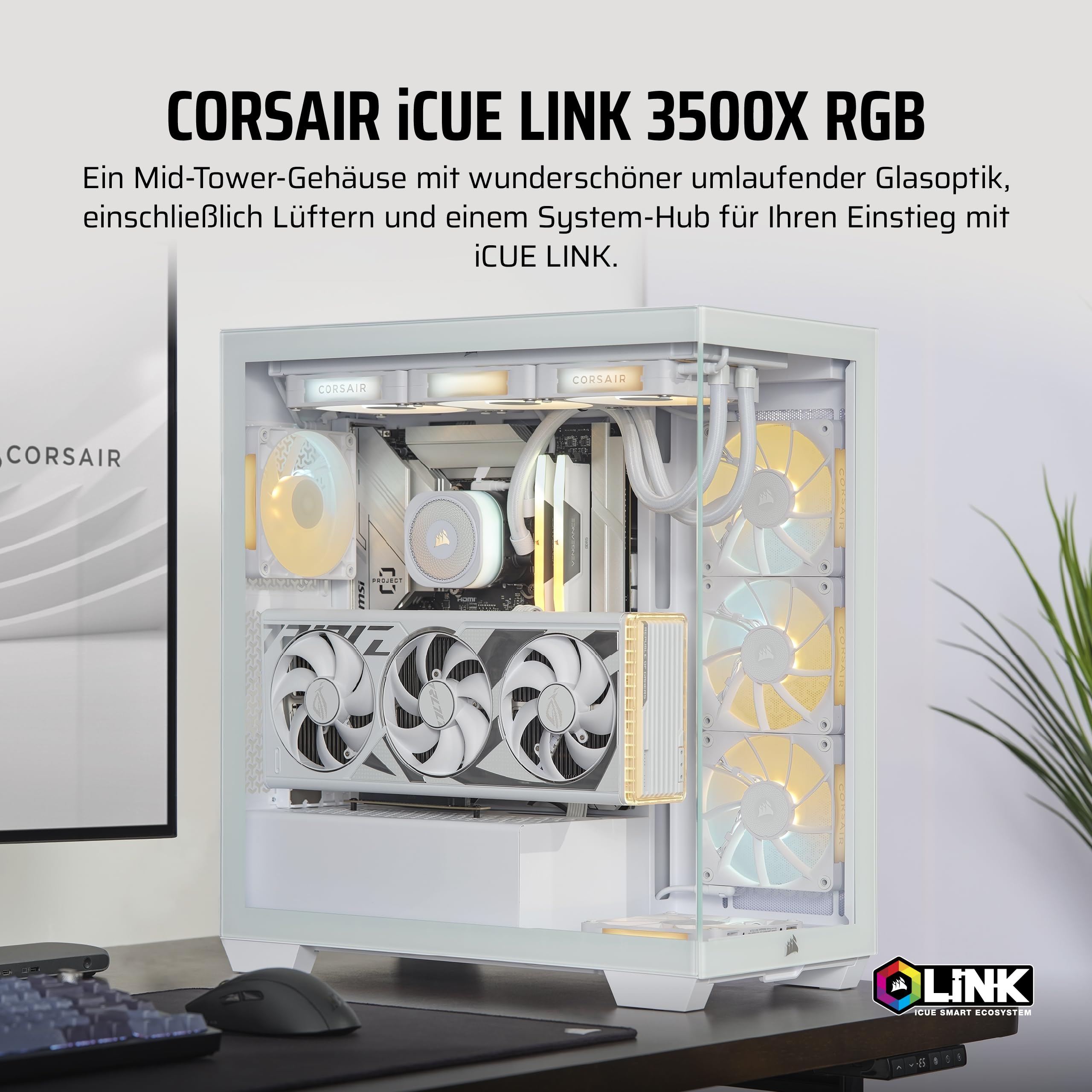 CORSAIR iCUE LINK 3500X RGB Mid-Tower ATX PC-Gehäuse - Gehärtetes Panorama-Glas - Umgekehrte Verbindung Motherboard-Kompatibel - 3x CORSAIR iCUE LINK RX120 RGB-Lüfter Im Lieferumfang Enthalten - Weiß