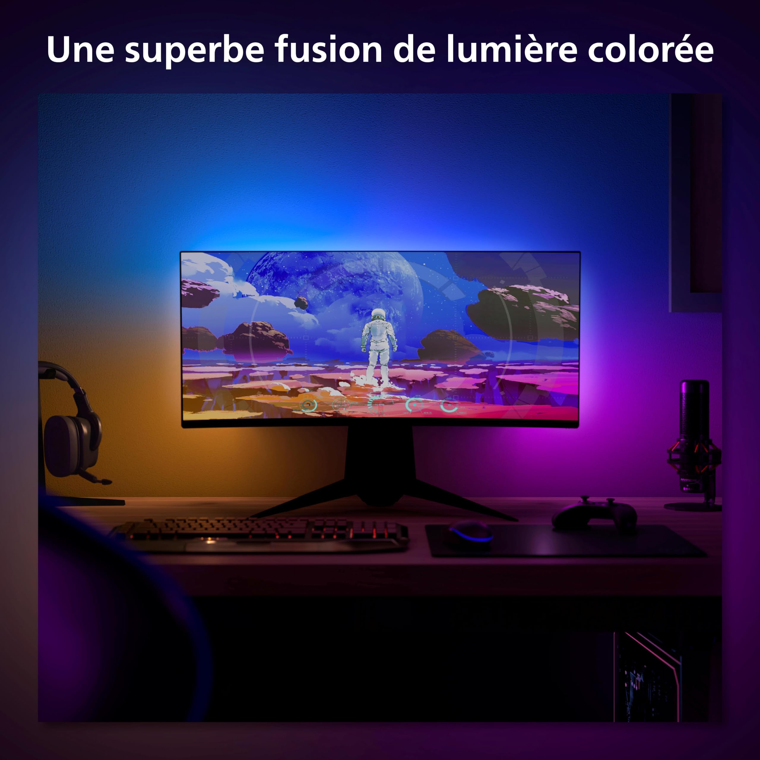 Philips Hue White and Color, Kit démarrage Lightstrip Hue Play gradient PC, écran 24-27 pouces + Pont, synchronisation de la lumière avec le jeu, compatible Alexa, Google et Apple Homekit