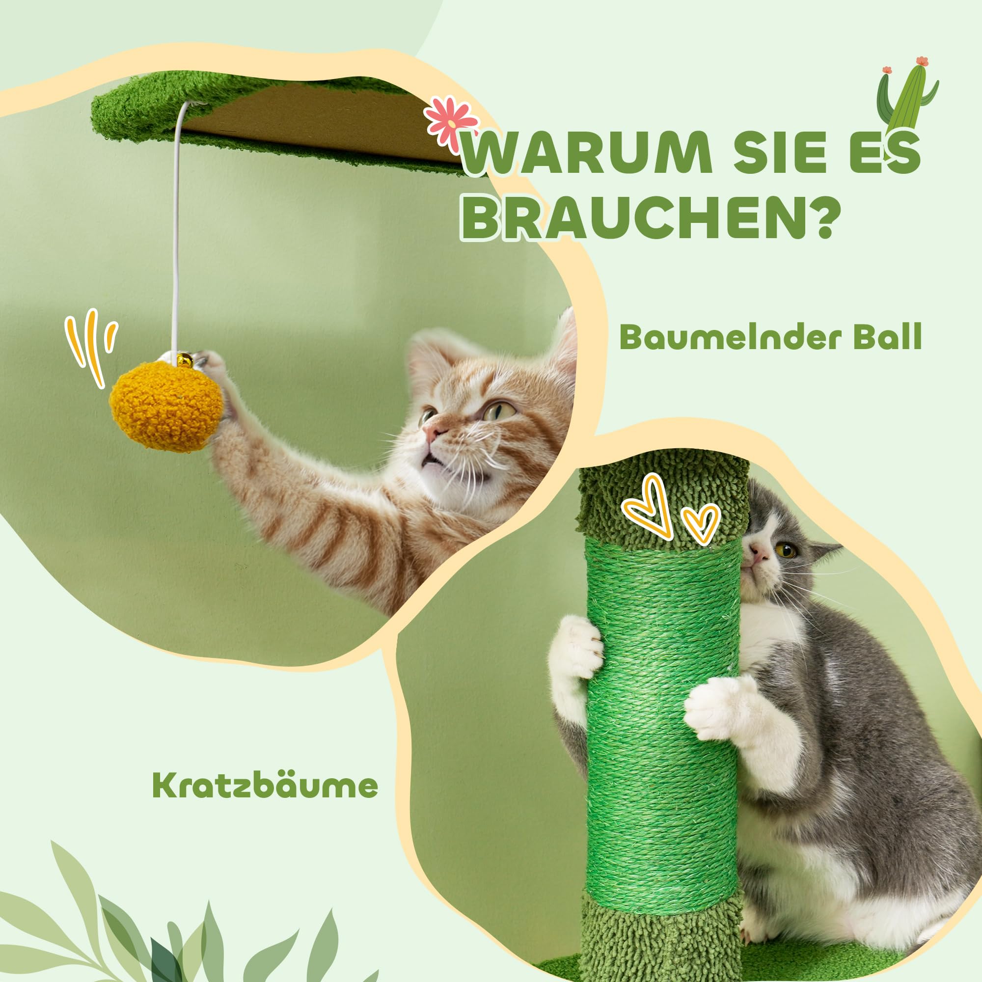 PawHut Kratzbaum Deckenhoch Katzenbaum 230-275 cm mit Katzenhöhle Grün | Katzenkratzbaum, Kratzstämmen, Spielball, Katzenmöbel mit Kippschutz