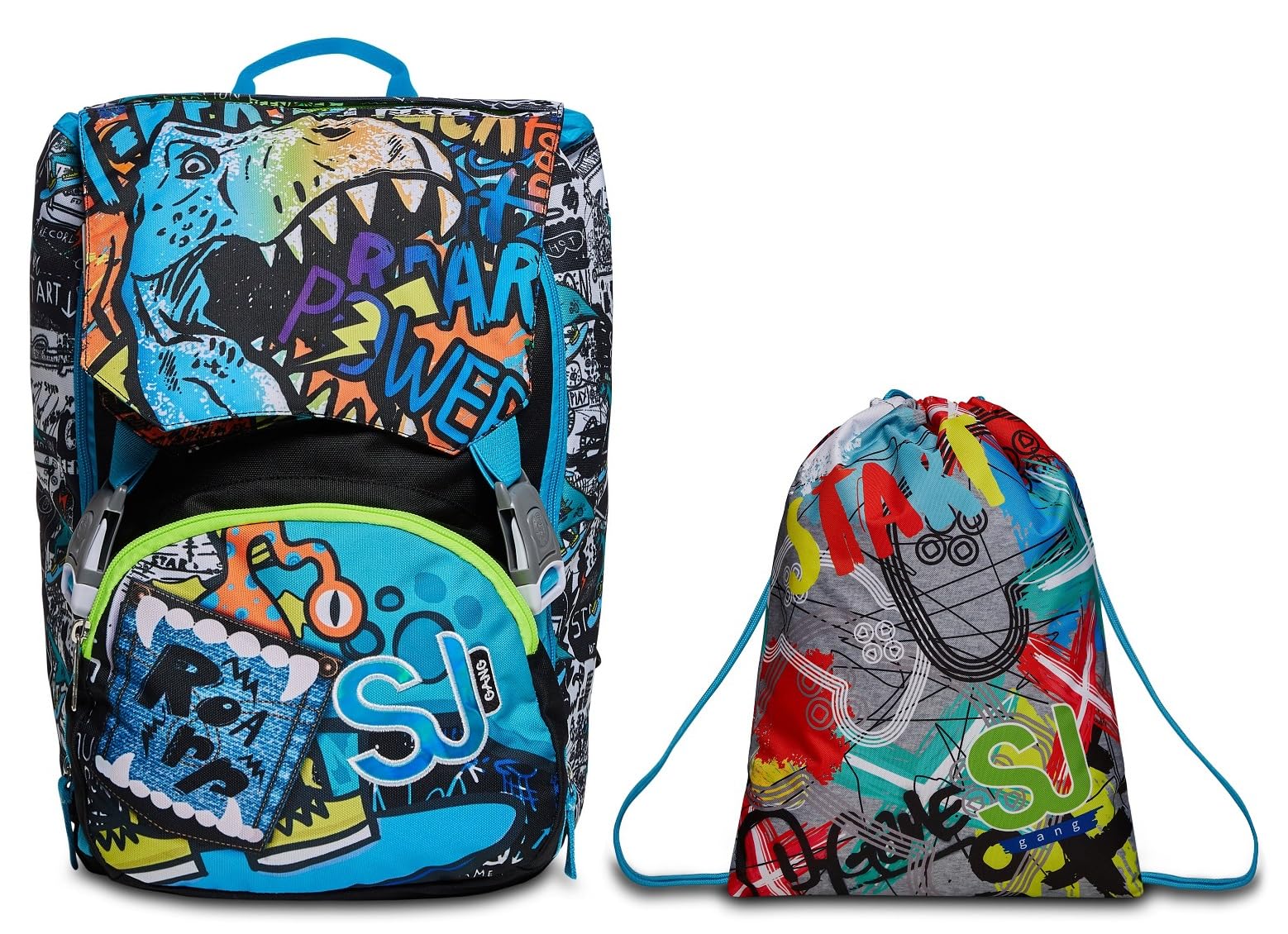 SJ Gang Zaino Scuola Estensibile, Blu, Zaino Doppio Scomparto con FLIP SYSTEM, Zaino Elementari Bambina + Sacca Sport e Tempo libero