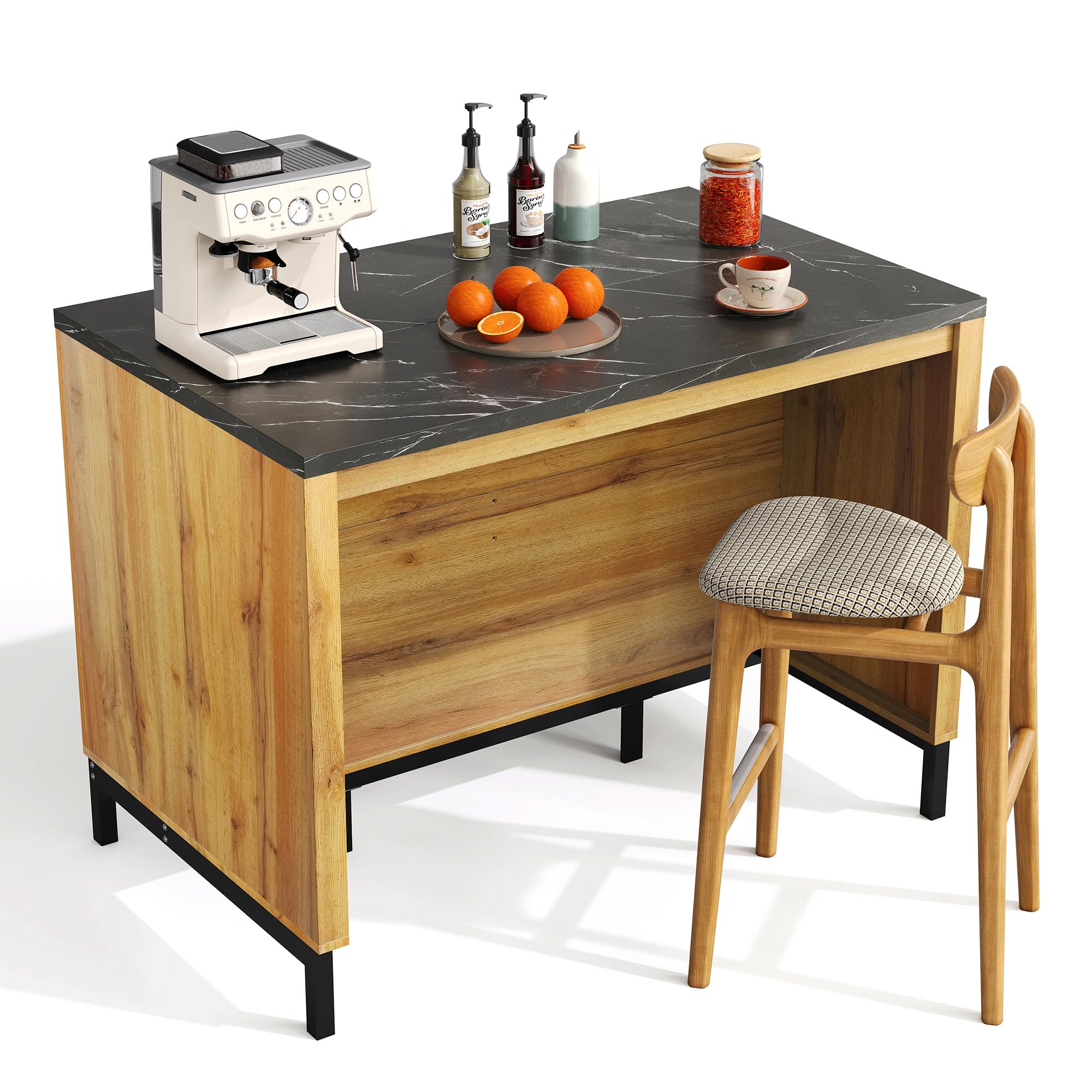 Isla de cocina de estilo rústico – Isla de cocina con 2 cajones y 4 estantes abiertos, grano de roble, encimera de mármol negro, estructura de metal, (120 × 75 × 90 cm)