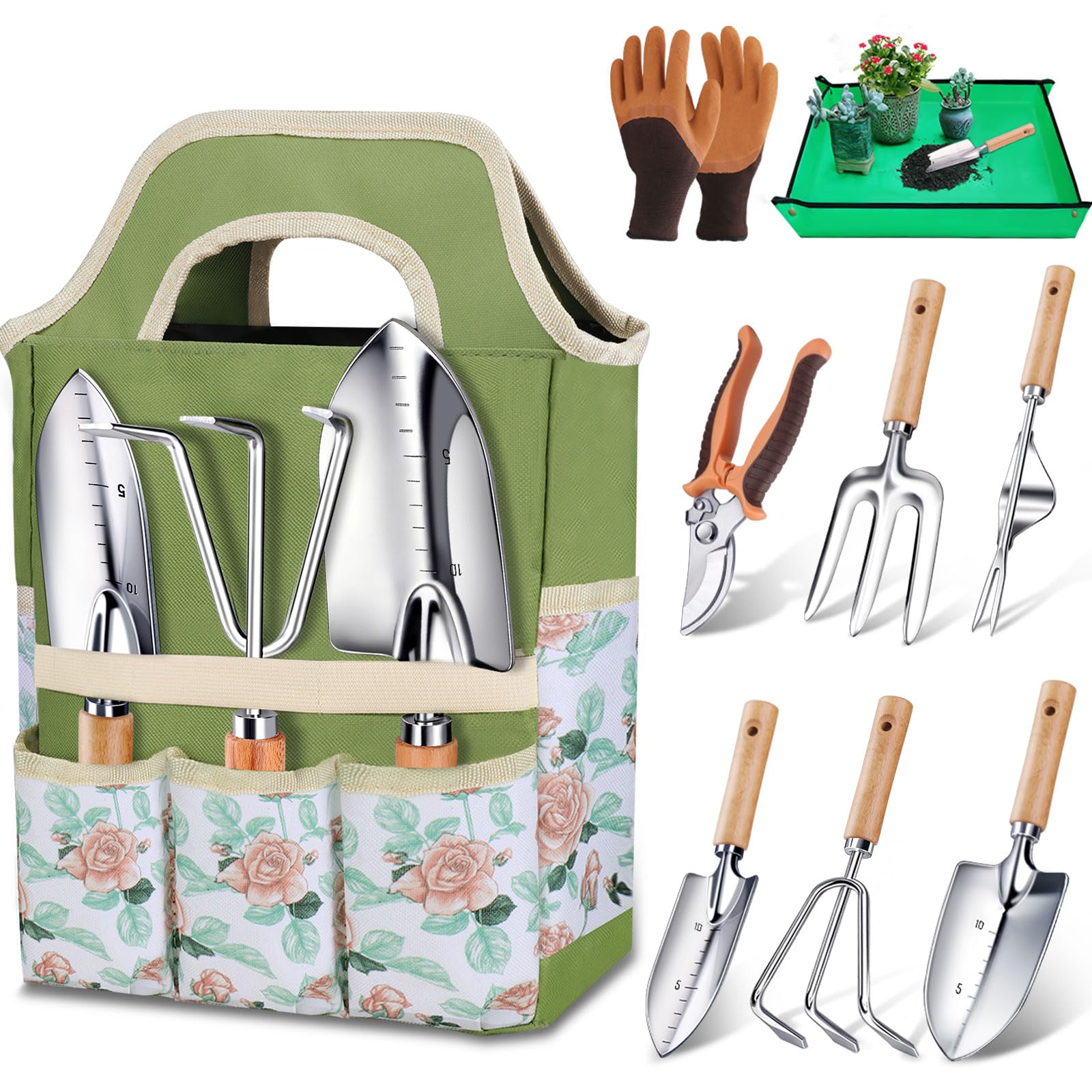 Kynup Set da Giardinaggio 9 Pezzi, Attrezzi da Giardino in Acciaio Inossidabile Antiruggine con Manici in Legno Ergonomici Antiscivolo – Ideale per Trapianti, Potatura e Set Giardinaggio Regali