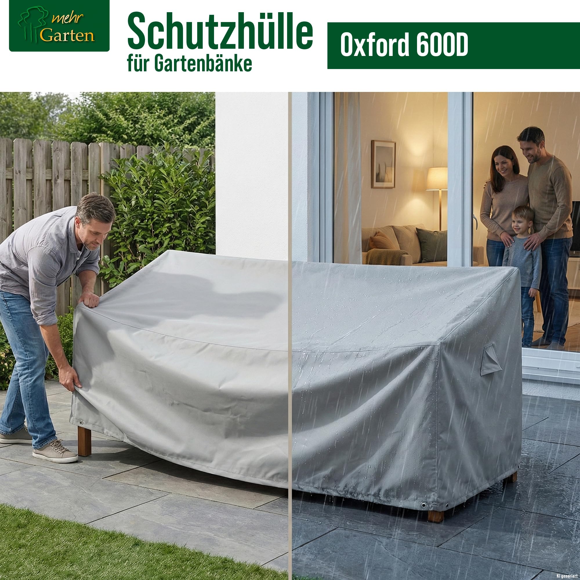 Gartenbank Abdeckung 3 Sitzer, 183x75x66/91 cm, grau, Oxford 600D Gewebe, Schutzhülle Gartenbank, wasserdicht, UV-beständig und wetterfest