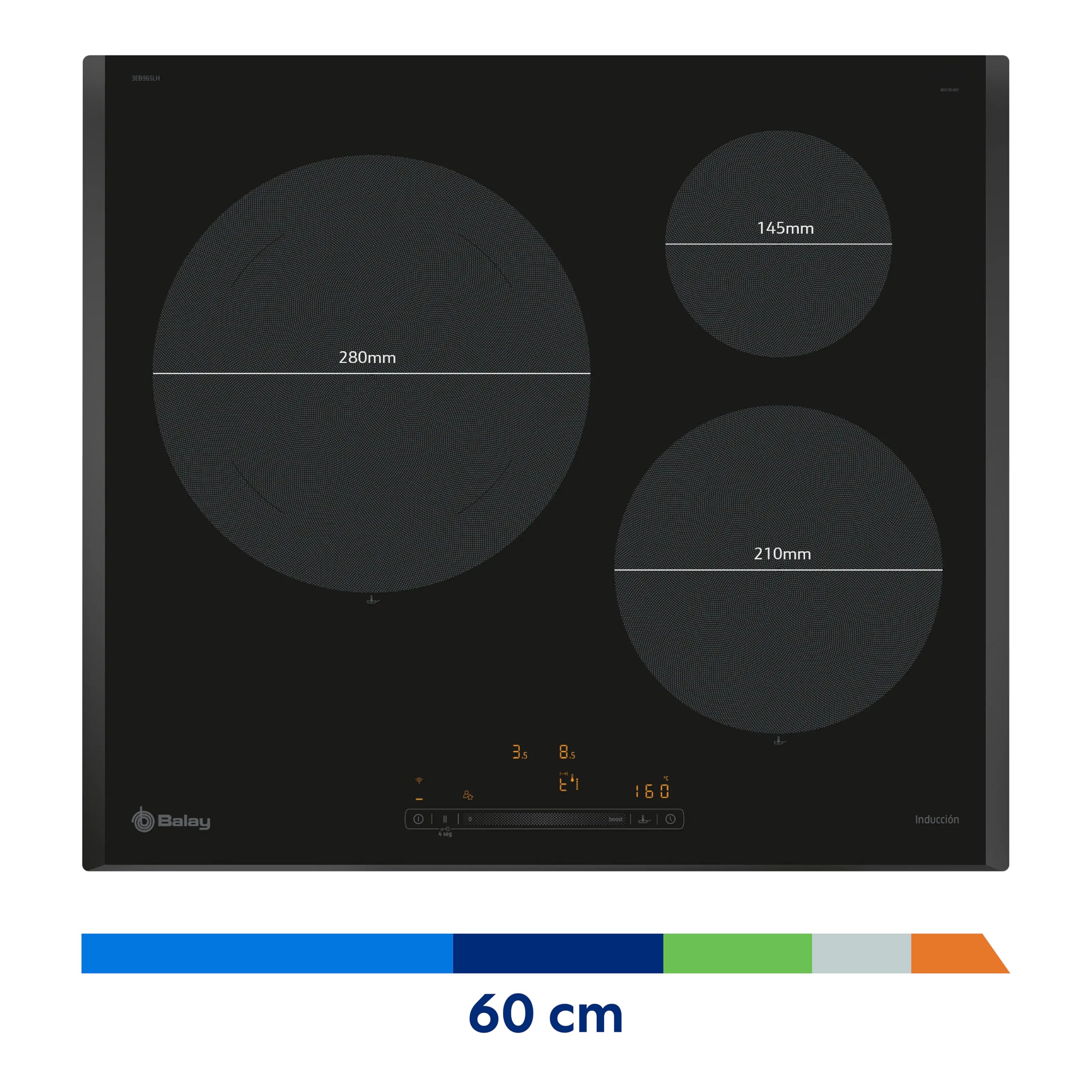 Balay, Placa de Inducción, 60 cm, 3 fuegos, Zona de 28 cm, Negra, 3EB965LH | Prepara guisos deliciosos en su zona gigante de 28 cm.