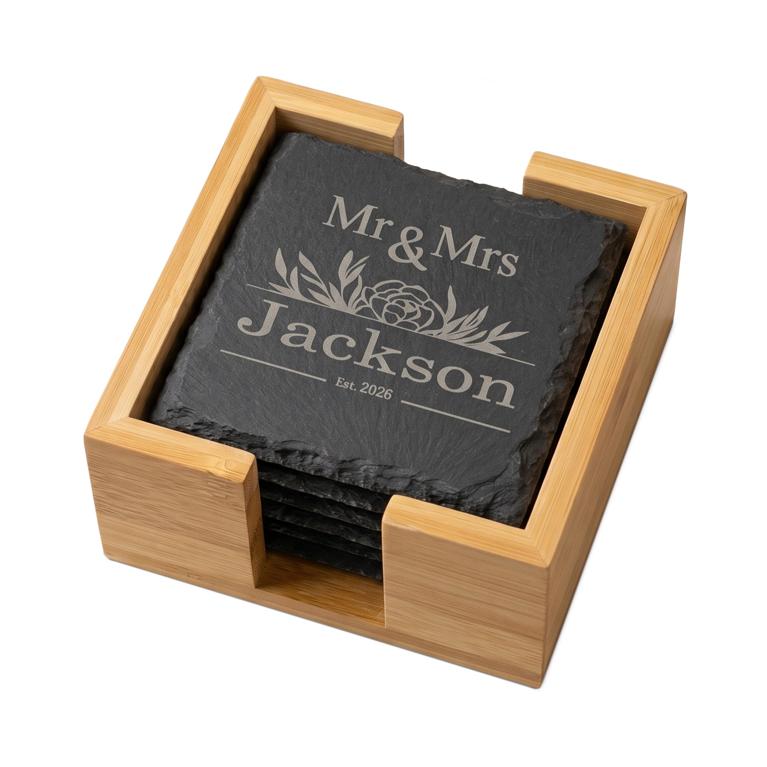Joyforge Personalised Coaster Set of 6 with Bamboo Holder - Mr and Mrs Wedding Gifts for Couple - Custom Slate Drink Mats - Anniversary Custom Present - Housewarming Gifts for New Home