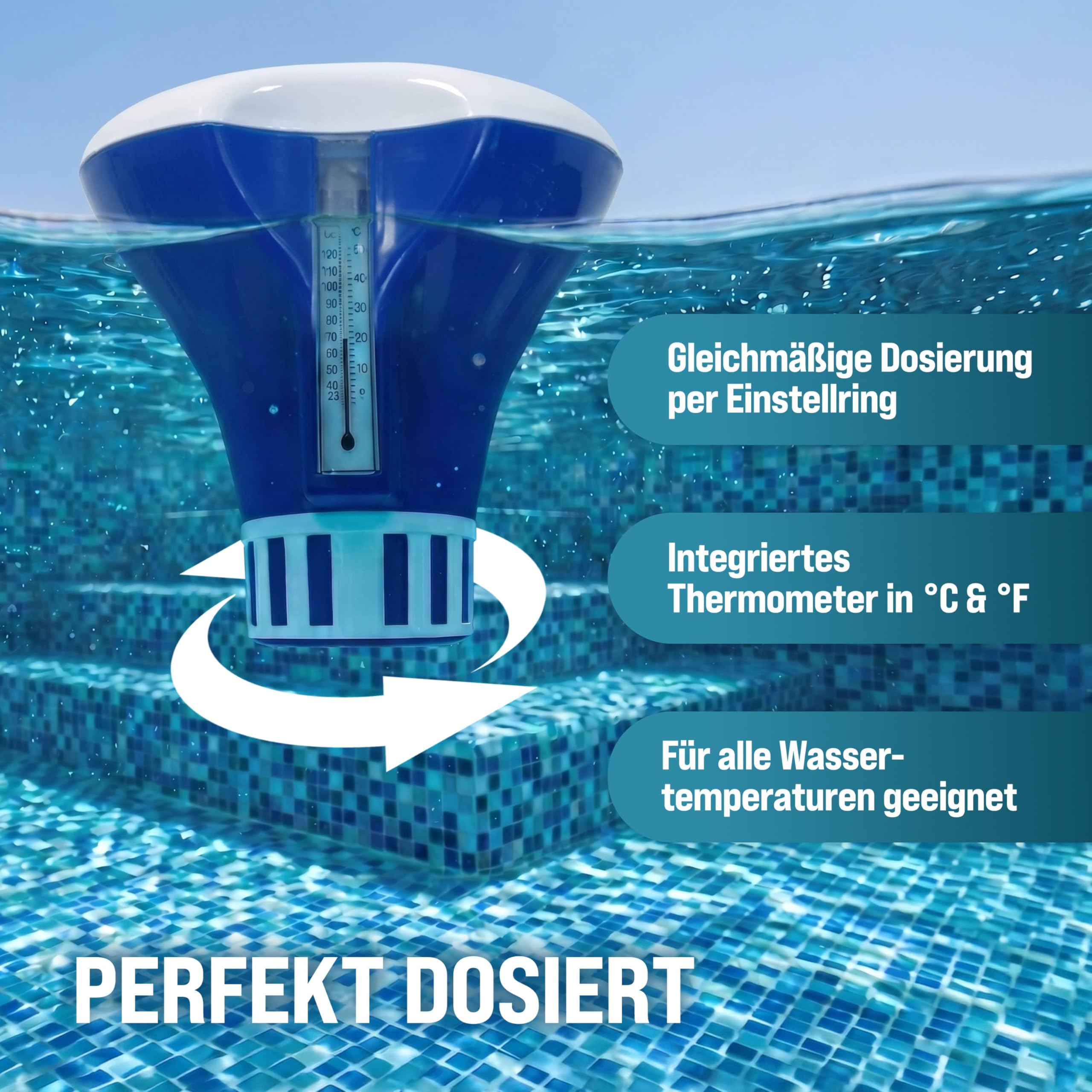 MONZANA® Dosierschwimmer Pool für 20-200g Tabletten inklusive 150 3in1 Teststreifen Klein Groß UV- Resistent Chlor Schwimmer Dosierer mit Thermometer