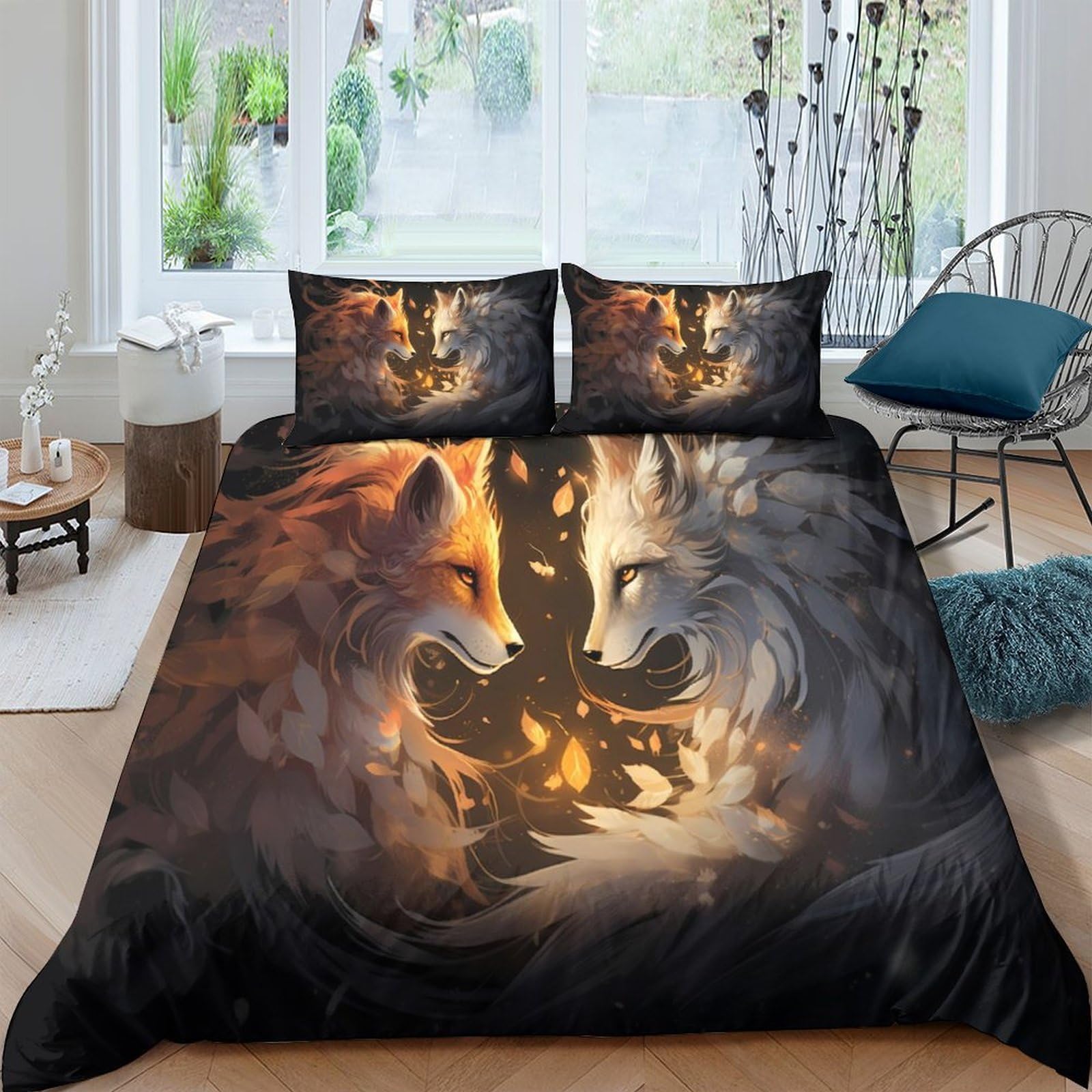 Ctjqhvkz Style-5 3D Printed Fire Wolf Fitted Sheet Microfiber Breathable Yin Yang Wolf Bed Cover For Bedroom Guest Room Decor Single（135X200cm）
