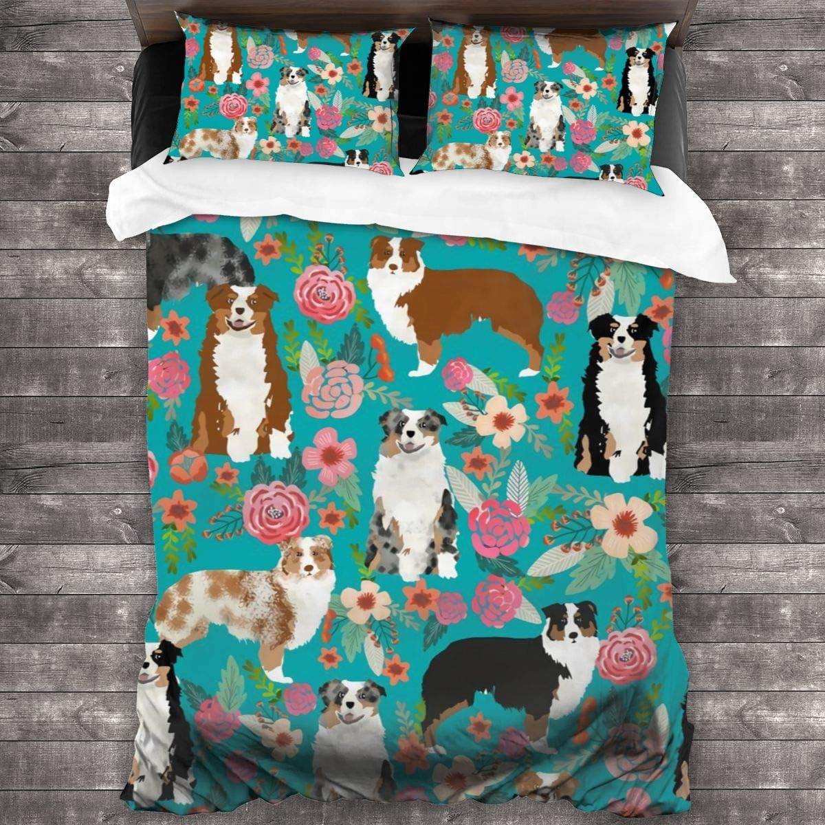 Australian Shepherd Dogs Floral Washed Microfiber Quilt Cover with