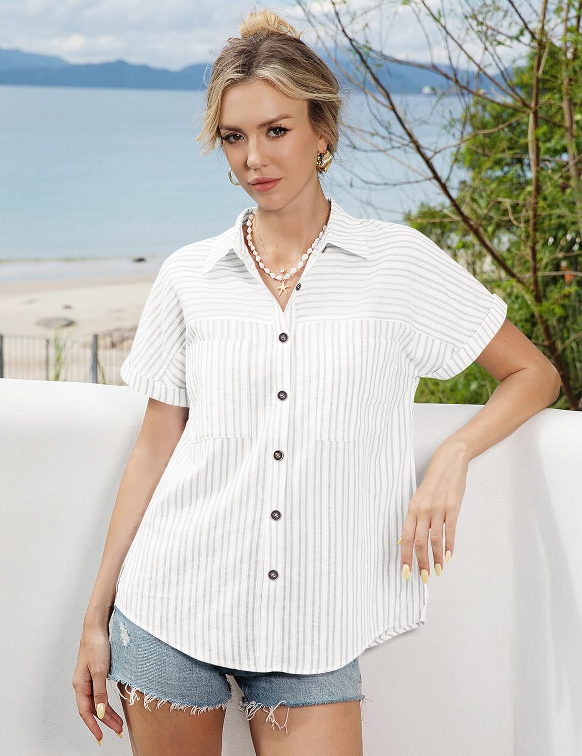 Button Down Shirt for Women Short Sleeve Blouses Dressy Casual Business Work Summer Vacation Tops Hawaii Shirts with Pockets - Image 2