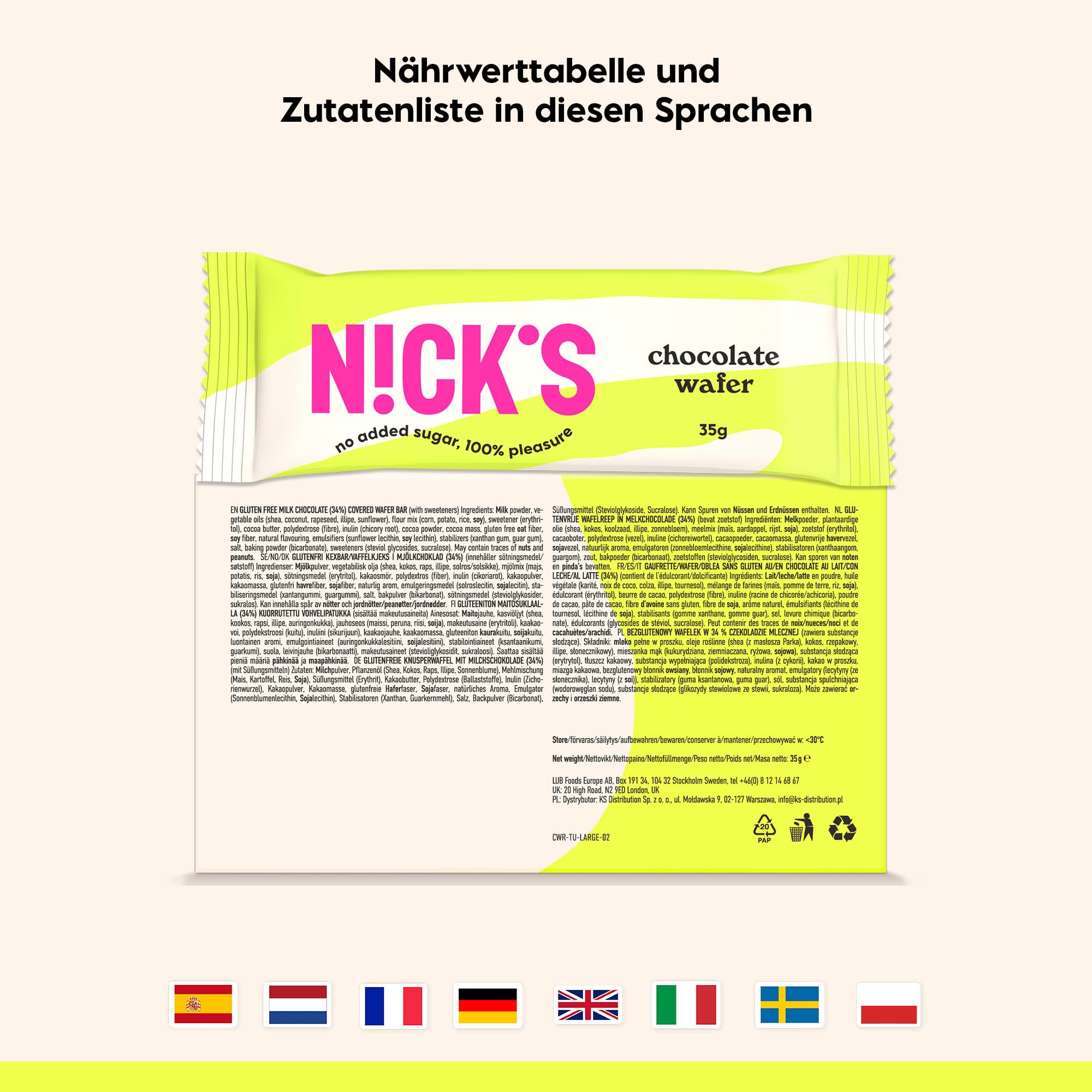 NICKS Riegel Schokolade Wafer, Low carb Waffel Kekse Schokoriegel, 165 Kalorien, Snack bar ohne Zuckerzusatz Glutenfrei Süssigkeiten (24 Kexbar x 35g)