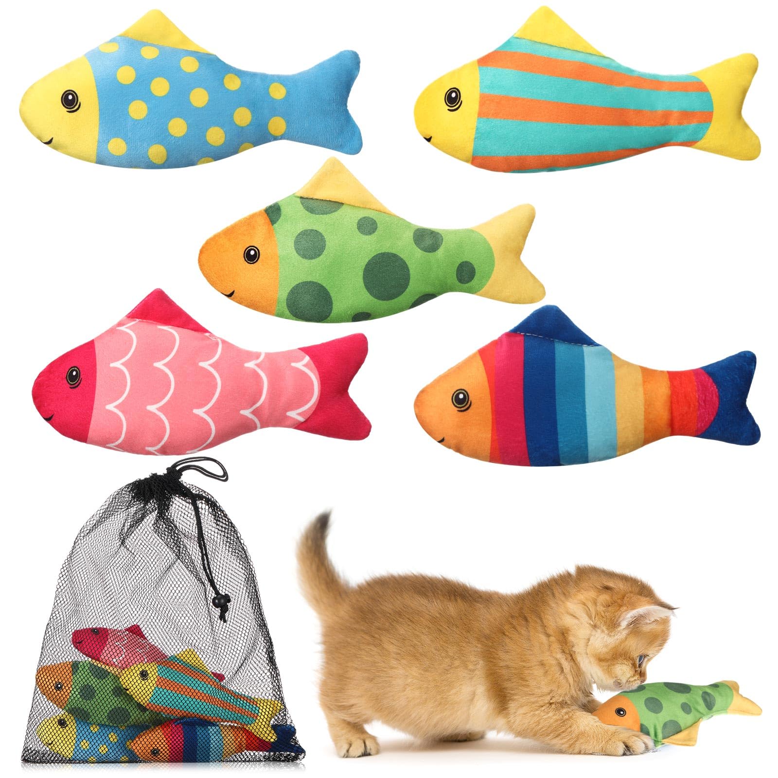 5 Pack Christmas Catnip Cat Toys, Cartoon Fish Shape