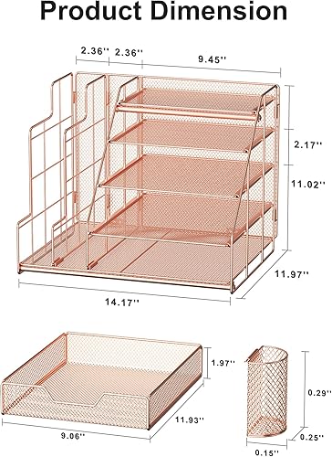 Miniatura 6 de Organizador de escritorio de oro rosa y almacenamiento de accesorios con bandeja de papel de 5 niveles, organizador de escritorio de malla con