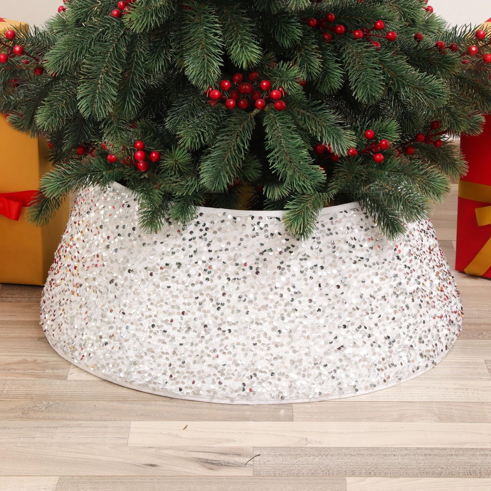 Couvre-Pied de Sapin de Noël à Paillettes Blanc