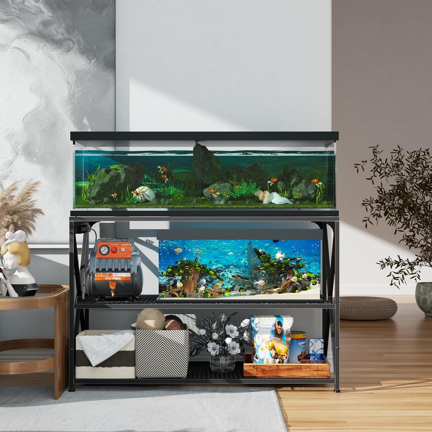 55-75 Gallon Fish Tank Stand, 49.2 x 19.7x 31.5 Inch,Industrial Aquarium Stand with Power Outlet and Switch, Turtle Tank, Reptile Terrariums and Breeder Tank Stand, Black