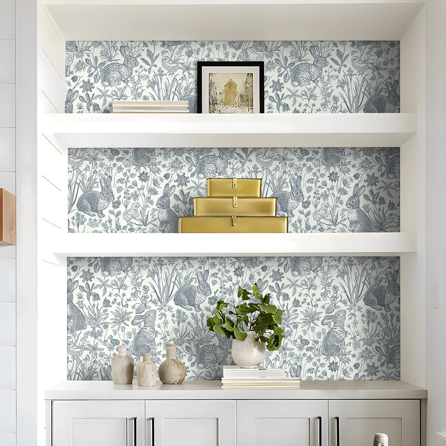 Livelynine 17.5x276 Vintage Bunny Peel and Stick Wallpaper Floral Antique Rabbit Toile Whimsical Farmhouse Wall Paper for Bathroom Kids Kitchen Dark Blue and White Contact Paper Renter Friendly Vinyl