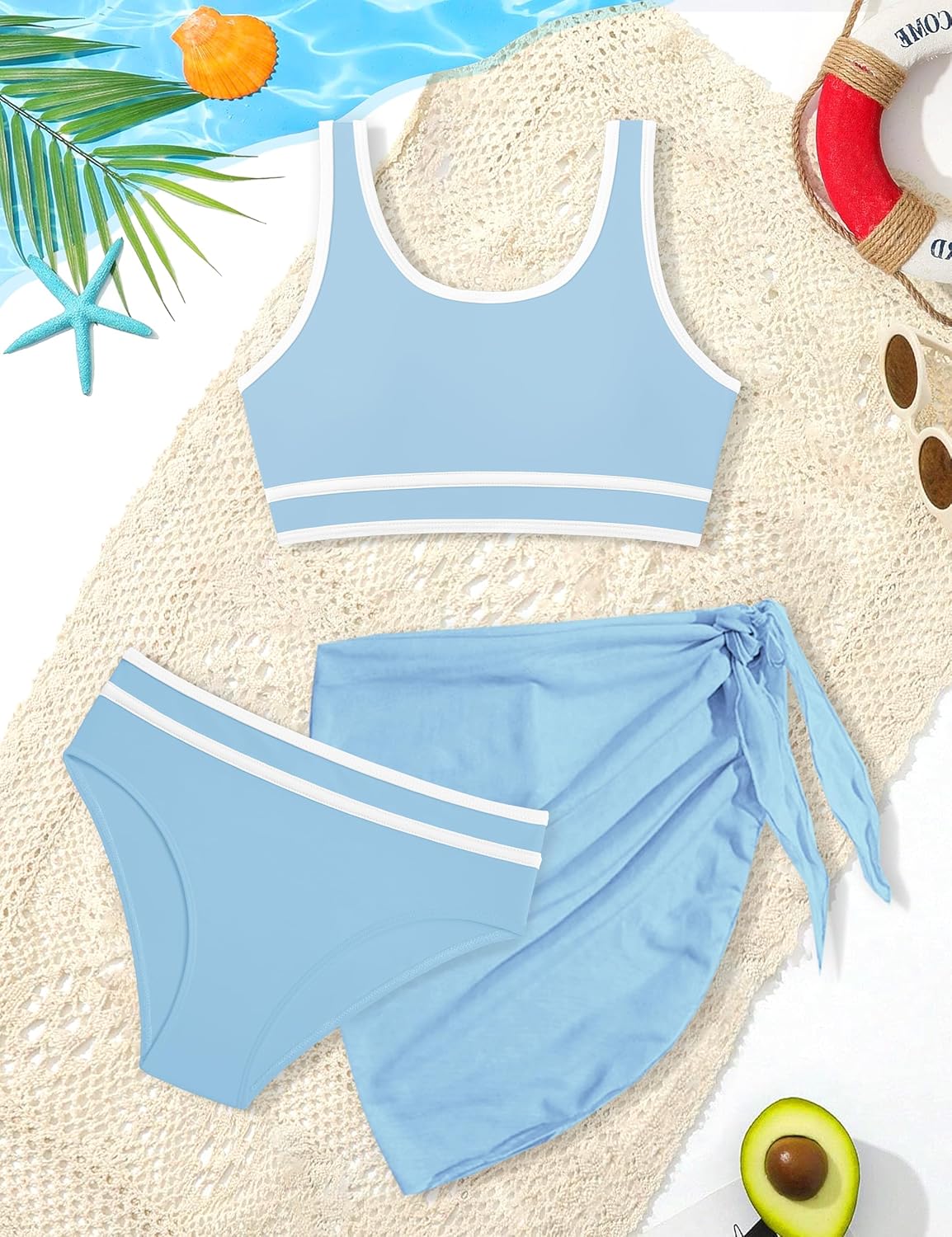 Girls Swimsuit Double Strap High Waist Sporty Bikini Swimsuits Swim Cover Up Skirt 3 Piece Set