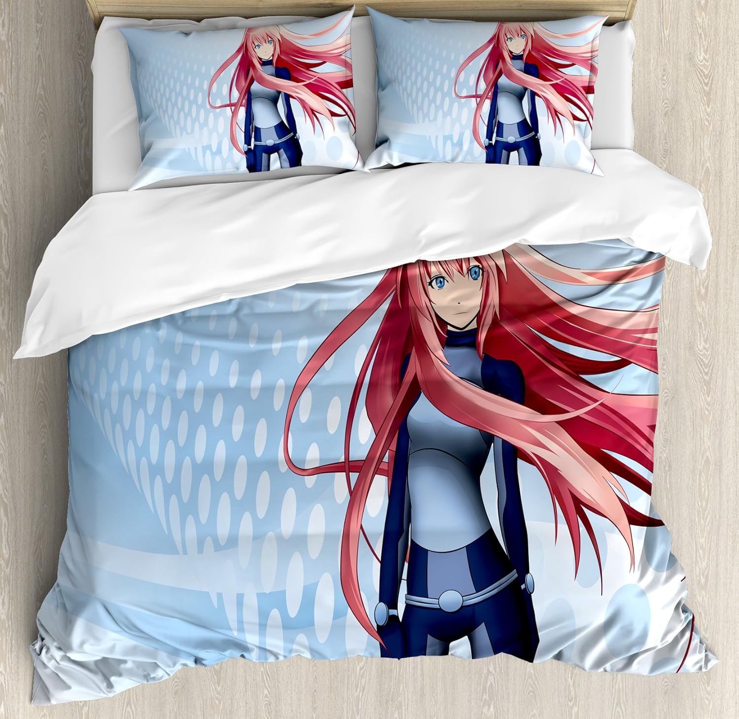 Ambesonne Anime Duvet Cover Set, Futuristic Manga Girl Science Fiction Doodle Effect Japanese Style Digital Art Print, Decorative 3 Piece Bedding Set with 2 Pillow Shams, Queen Size, Soft Blue Queen Soft Blue