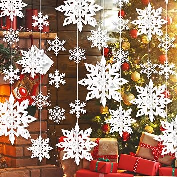 30pcs Hanging Snowflake Decorations, 3D Paper Snowflakes Ornaments, Large Snowflake Garland for White Christmas Decorations, Christmas Winter Wonderland Indoor Home Decor New Year Party Decorations