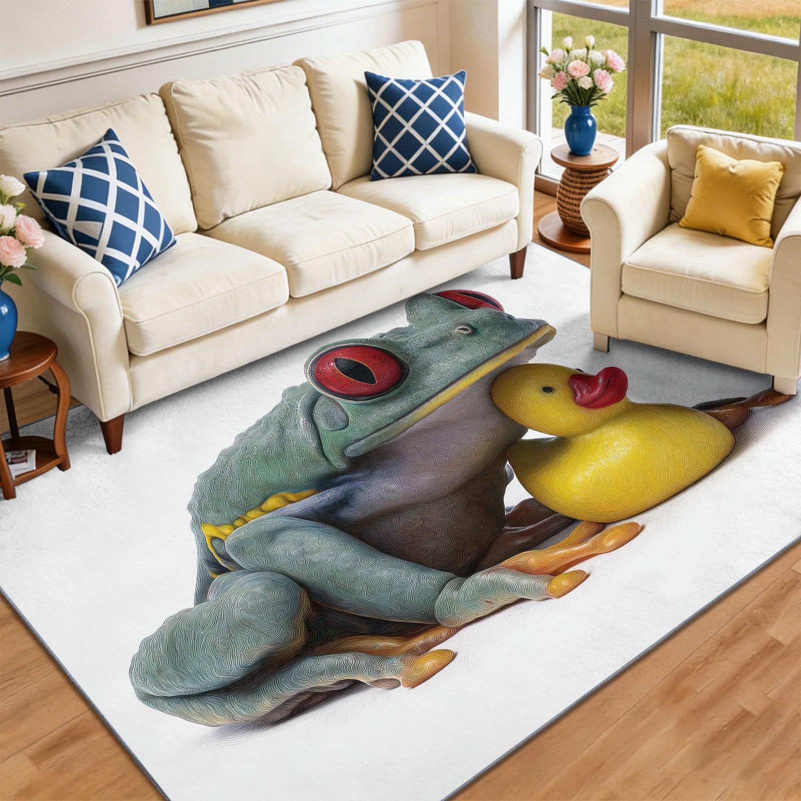 Tapis 160 x 230 cm grenouille blanche style fantaisiste lavable pour salon