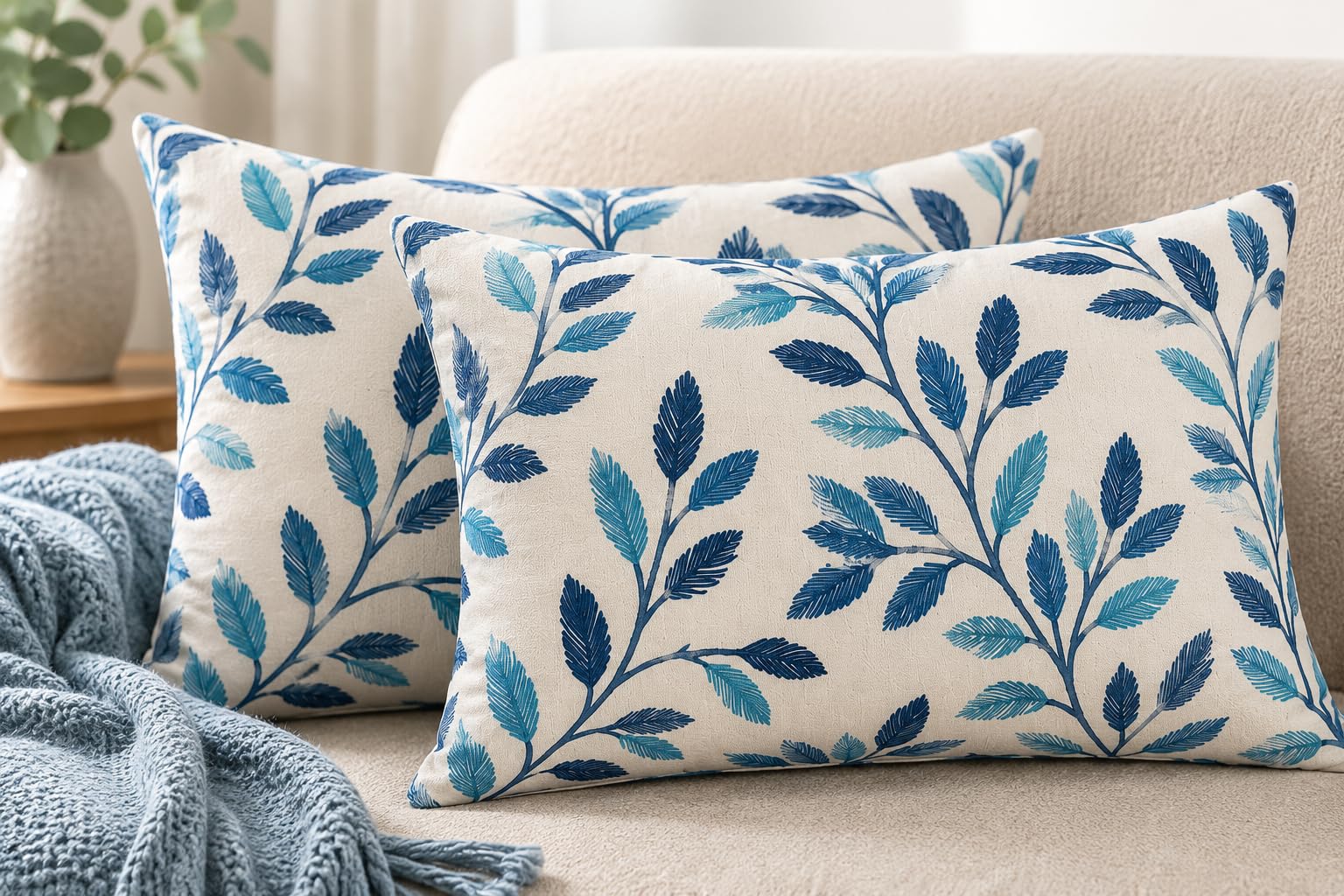 Decorative Lumbar 2 Pc Cushion Cover / Pillow Cover 16x24 Inch | Heavy Knitting Fabric Leaf Print | Reversible Design | Hidden Zip Closure | Rectangular Covers for Sofa, Bed & Living Room (BLUE)-image-10
