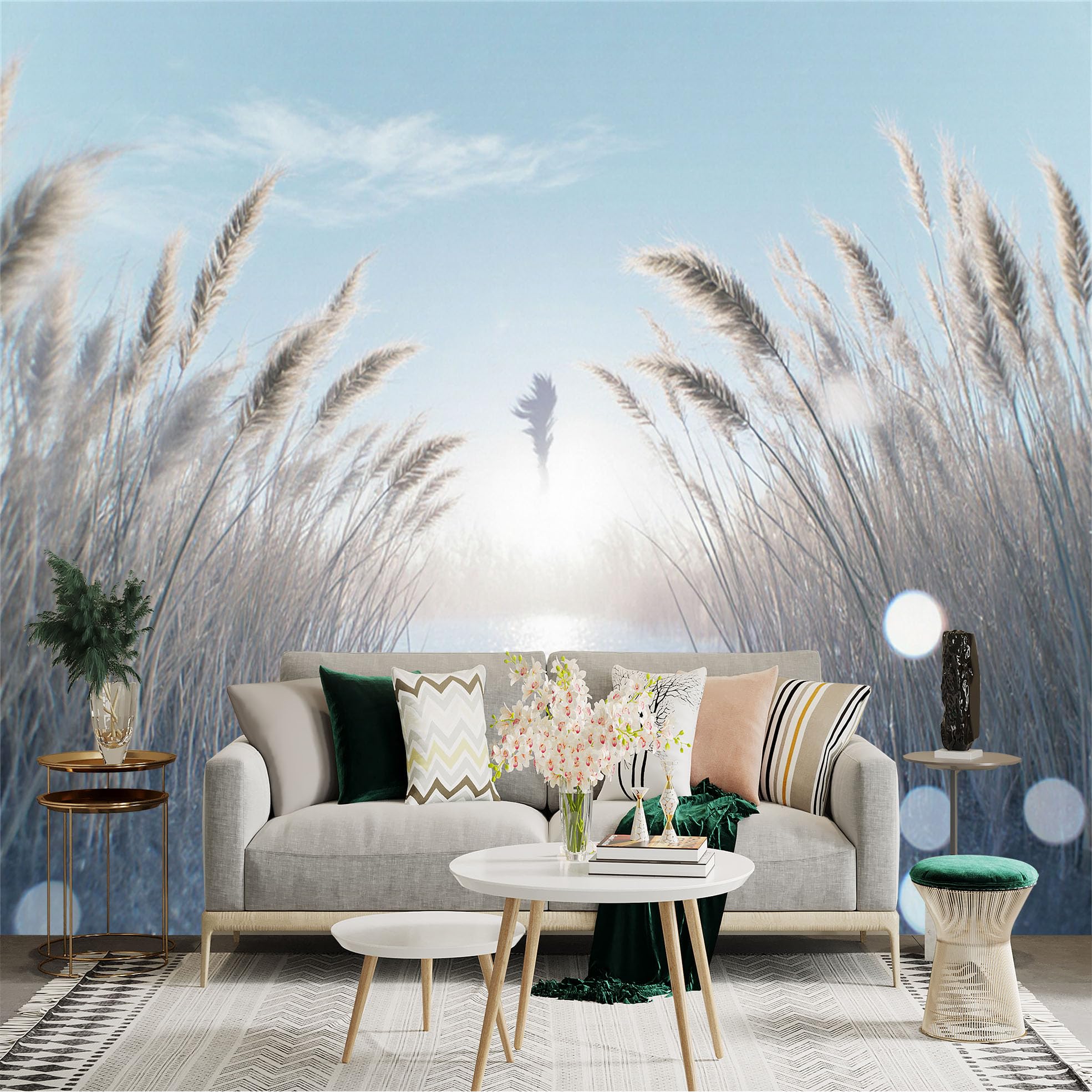 Custom Size Wall Sticker Mural， Sunlit Reed Marsh， Calm Lake Landscape， Golden Morning Light， Serene Nature Scenery， for wall Decoration， peelandstick wall Decals.