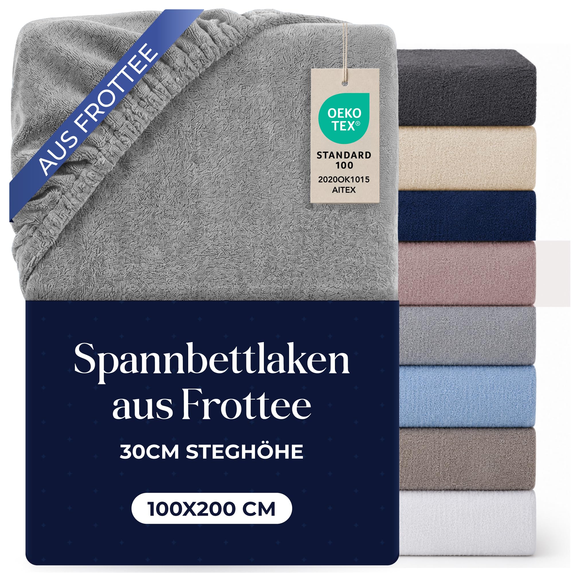 Dreamzie Spannbettlaken 100x200 Grau - Frottee 80% Baumwolle, Oeko-Tex
